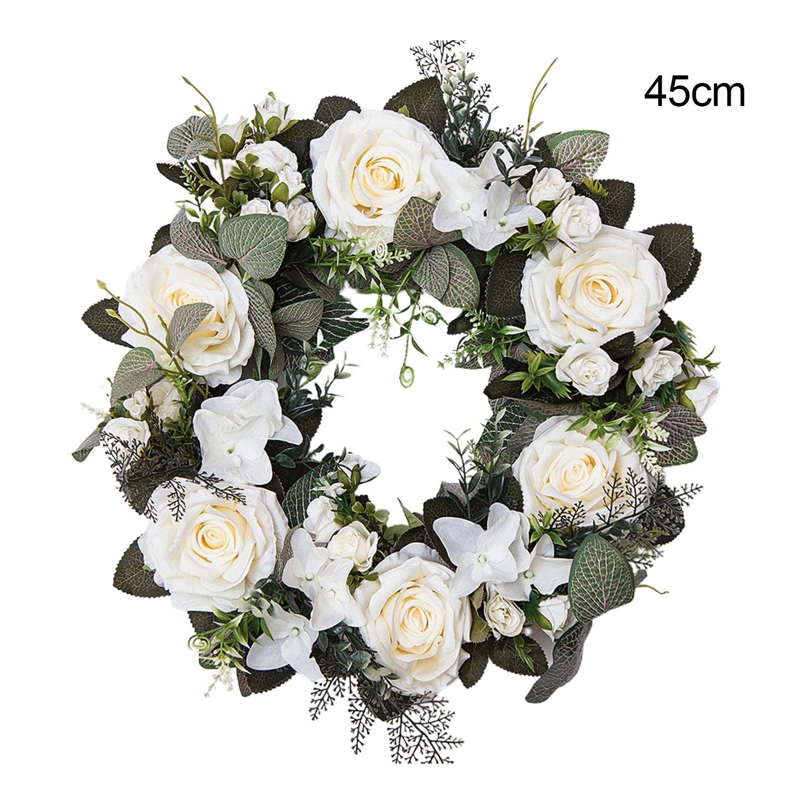predolo 45 cm Künstlicher Blumenkranz für die Tür, Künstliche Rose Kranz für Haustür, Realistischer Blumen Türkranz Seidenblume Saisonale Kränze - Schöne Dekoration für Hochzeiten und Feste, Weiß