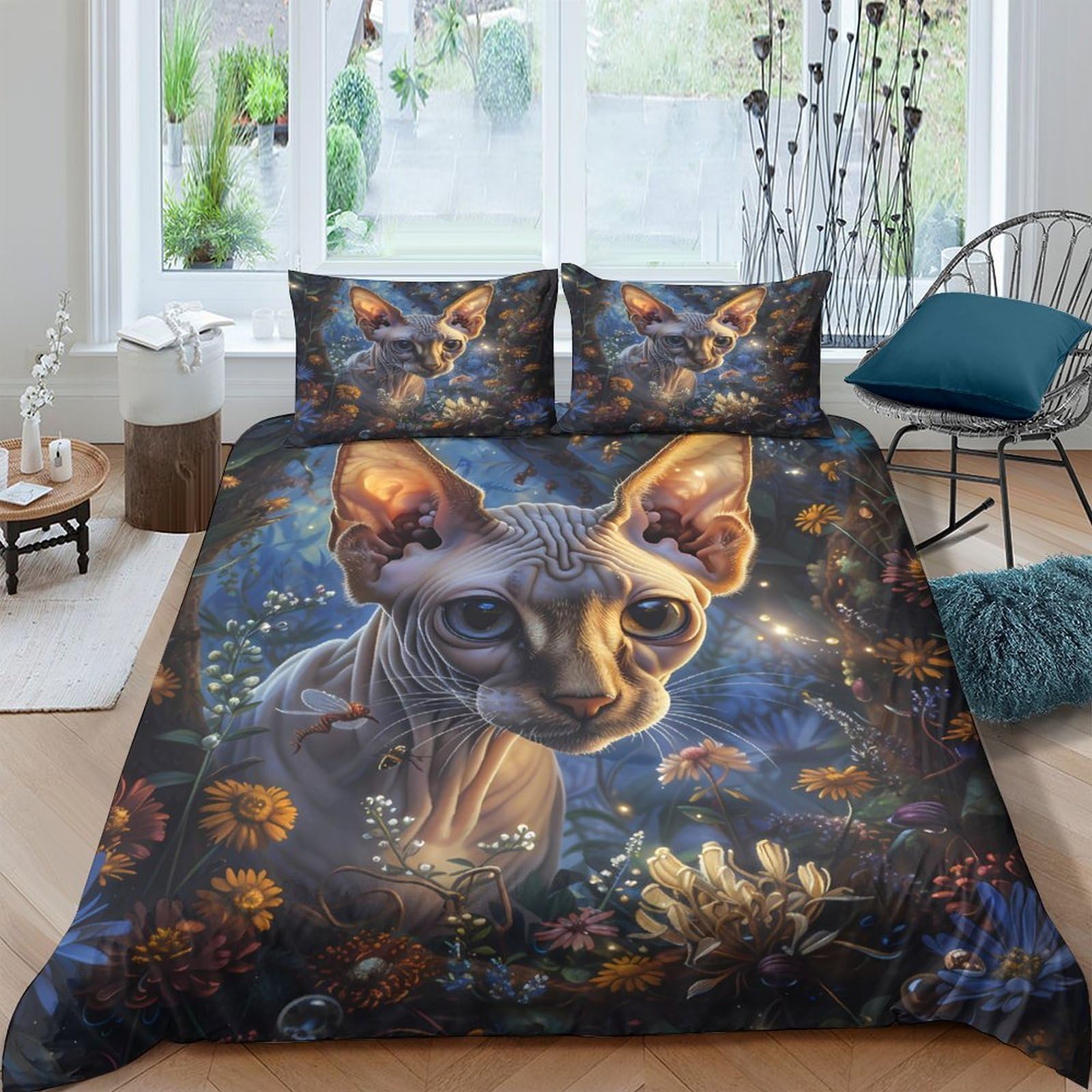 Ctjqhvkz Style-2 3D Printed Sphynx Cat Night Garden Fitted Sheet Microfiber Soft Bed Cover For Bedroom Decor Mattress Protection Single（135X200cm）