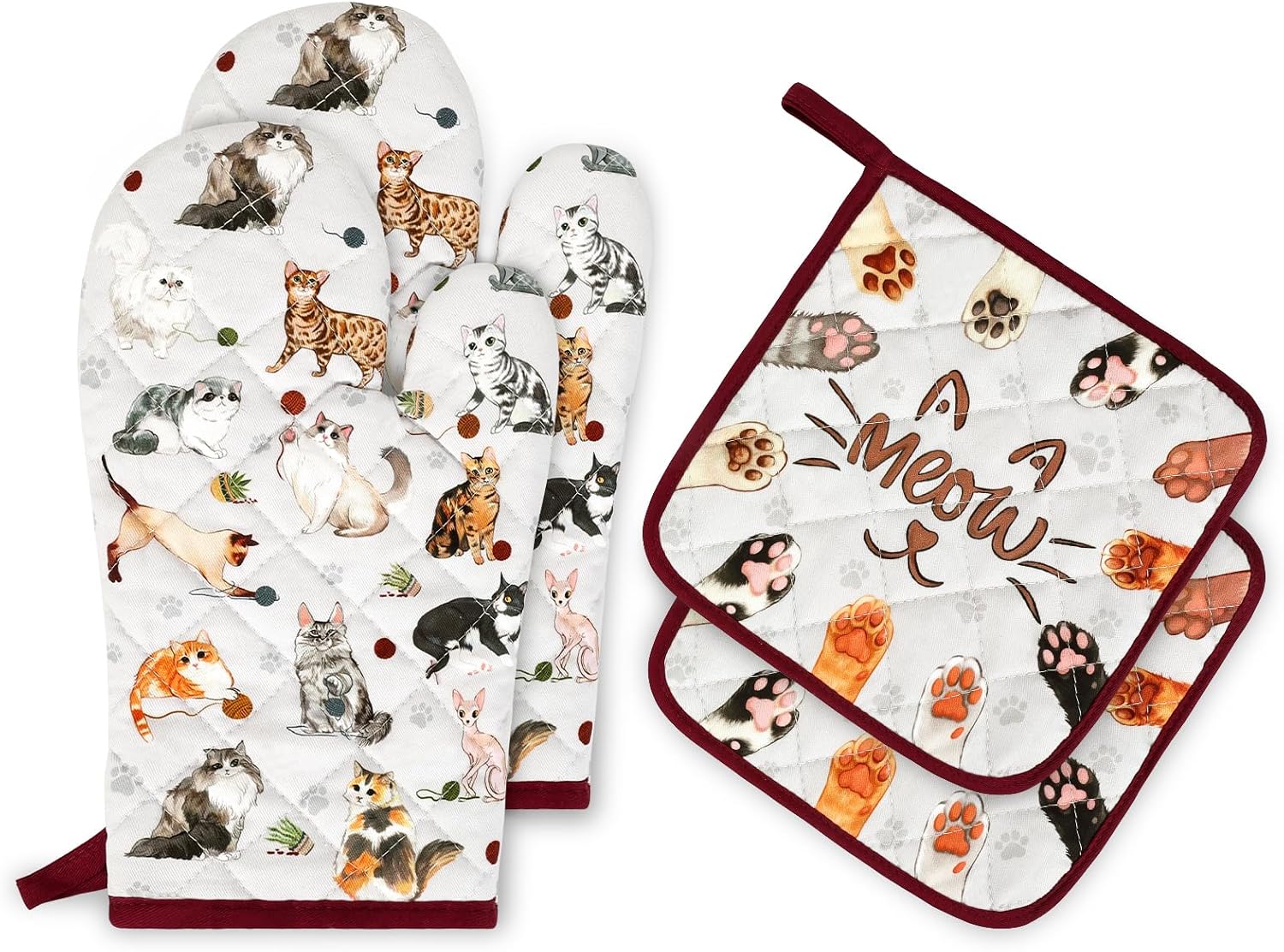 Cute Cat Oven Mitts and Pot Holders Set, 100% Cotton, 4pcs