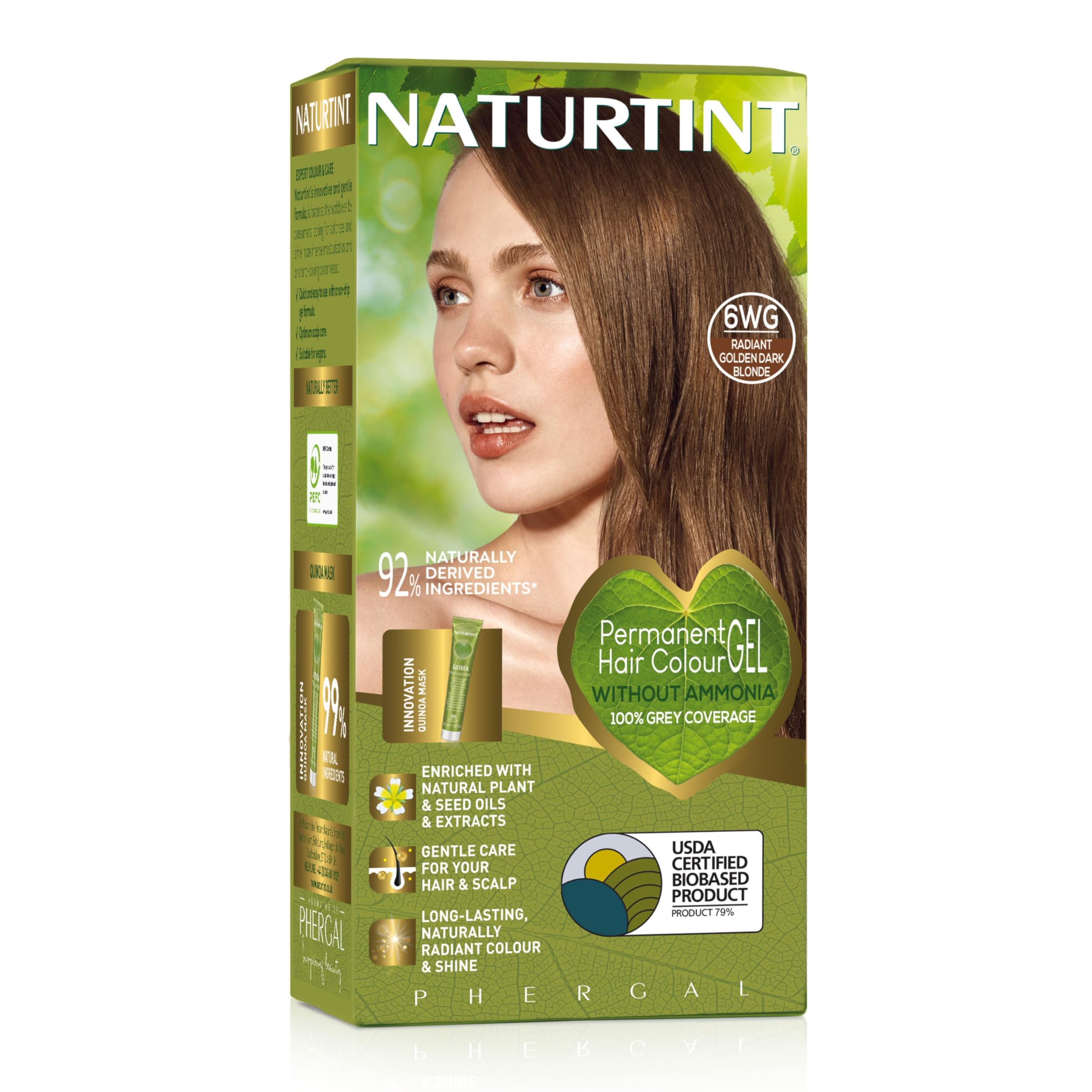 Permanent Hair Colour Gel 6WG Radiant Golden Dark Blonde, Plant Enriched, Biobased, Ammonia Free, Long Lasting Grey Coverage and Radiant Colour, Nourishment and Protection