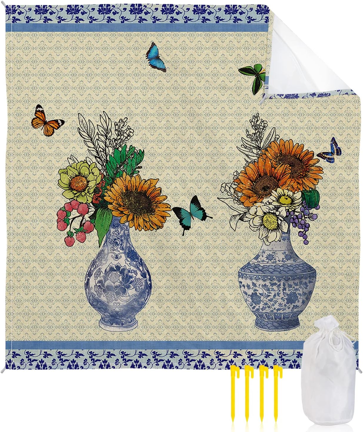 Vintage Blossoms Farm Sunflowers in Porcelain Vase Beach Blanket Waterproof Sandproof Outdoor Picnic Mat 118"x108" Retro Texture Lightweight Large Beaach Blankets with 4 Stake & 4 Corner Pockets