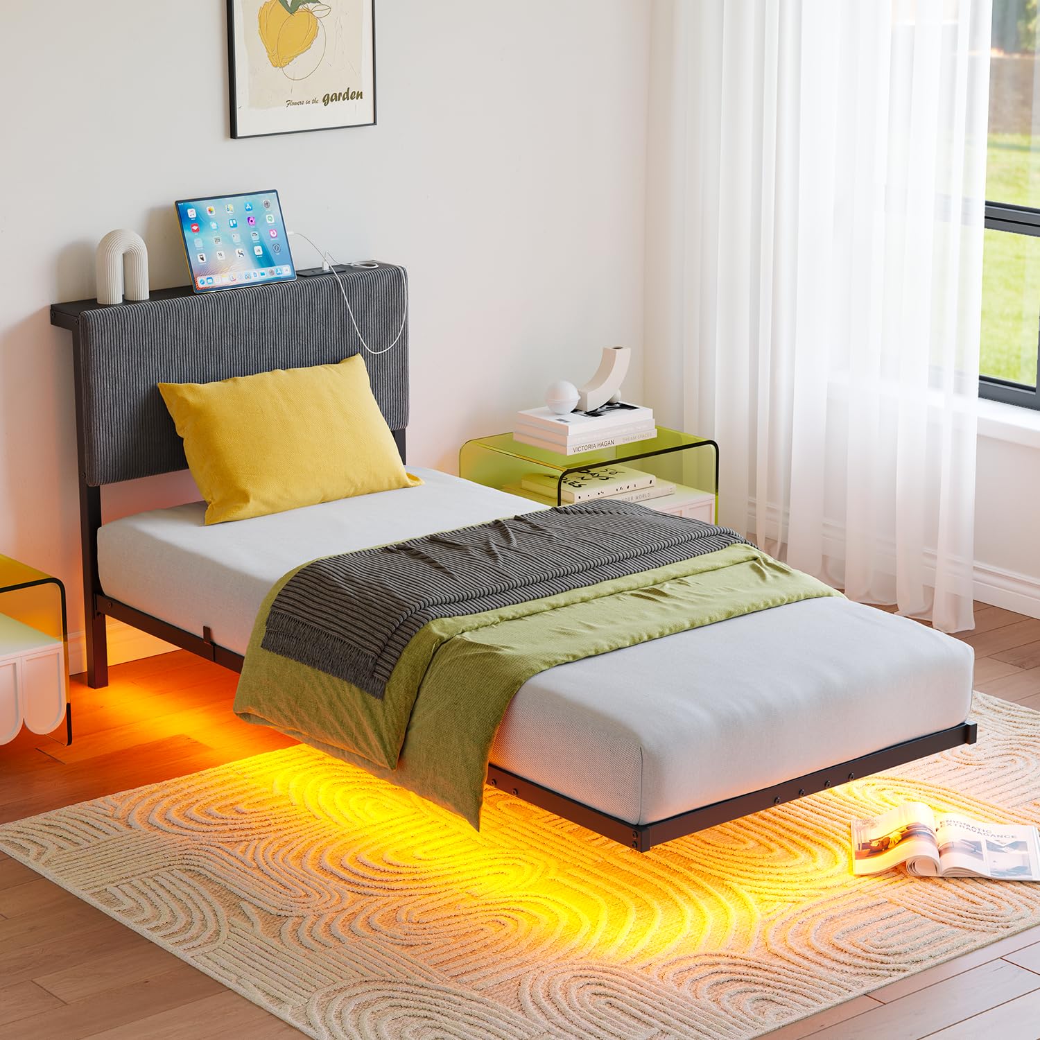 HOMERECOMMEND Letto 90 x 200 cm, effetto visivo galleggiante, telaio del letto con illuminazione a LED e stazione di ricarica, struttura per letto matrimoniale con testiera contenitore e rete a doghe