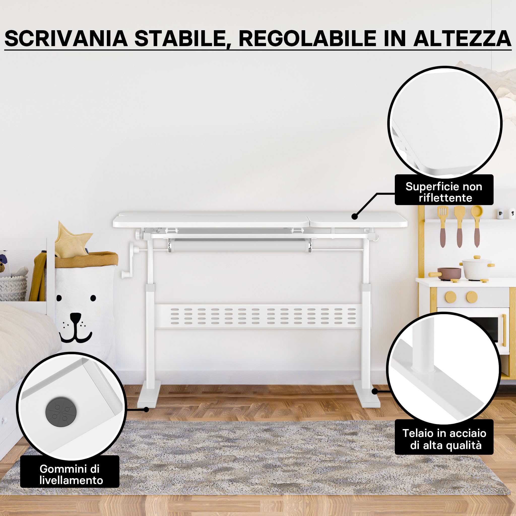 Scrivania per bambini 100x60cm regolabile in altezza e in inclinazione Con manovella