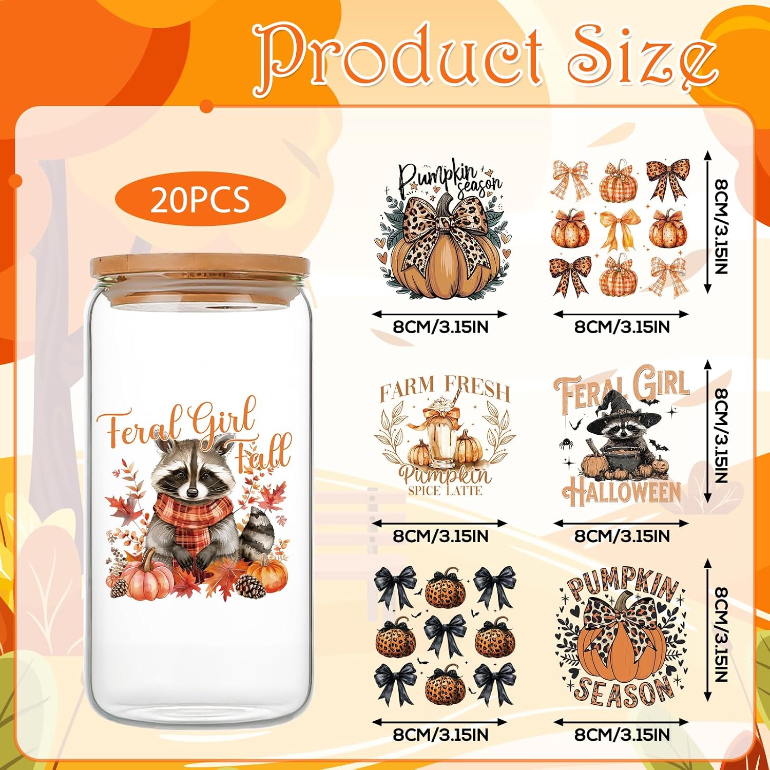 20 Pcs Fall UV DTF Cup Wrap UV DTF Transfers Stickers for 16 OZ