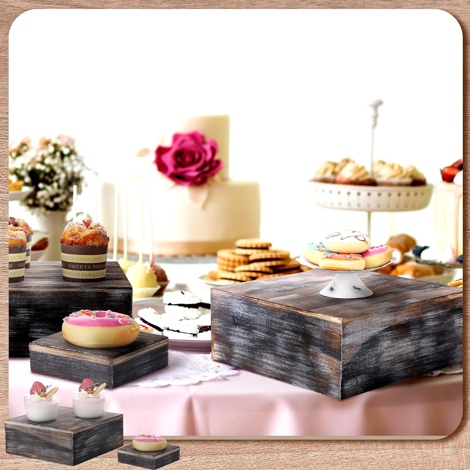 Roshtia 5 Pcs Wood Display Risers Rustic Cupcake Stand Torched Style Wooden Cake Stand Square Stackable Display Storage Box for Buffet Table Dessert Birthday Party