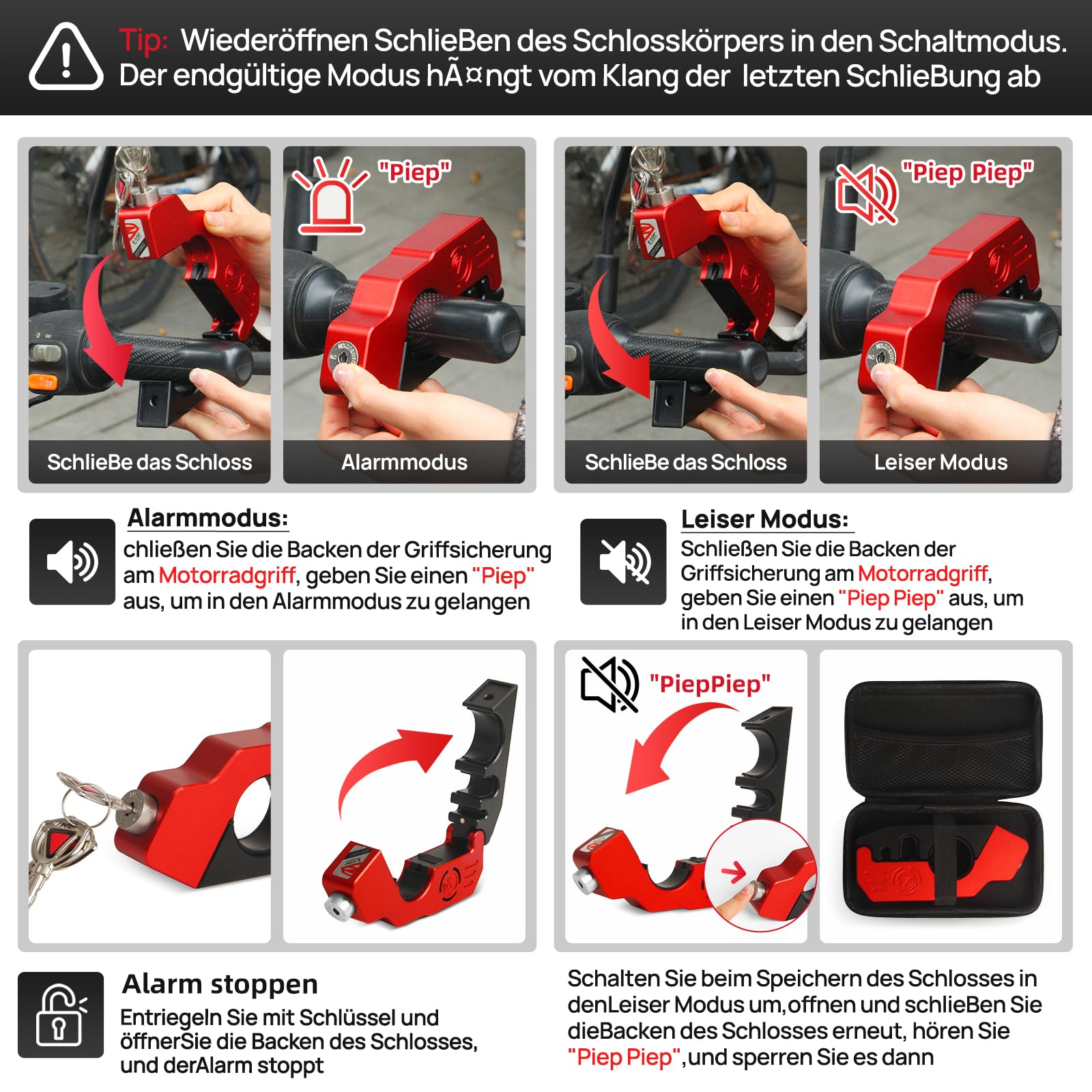 Motorrad Bremsschloss Alarm 130DB, Schwere Aluminium Motorrad Schloss Alarm | IP65 Wasserdichte, Anti Diebstahl Lenker Schloss, Hohe Sicherheit Bremshebelschloss für Moped, Fahrrad, E Scooter, ATV