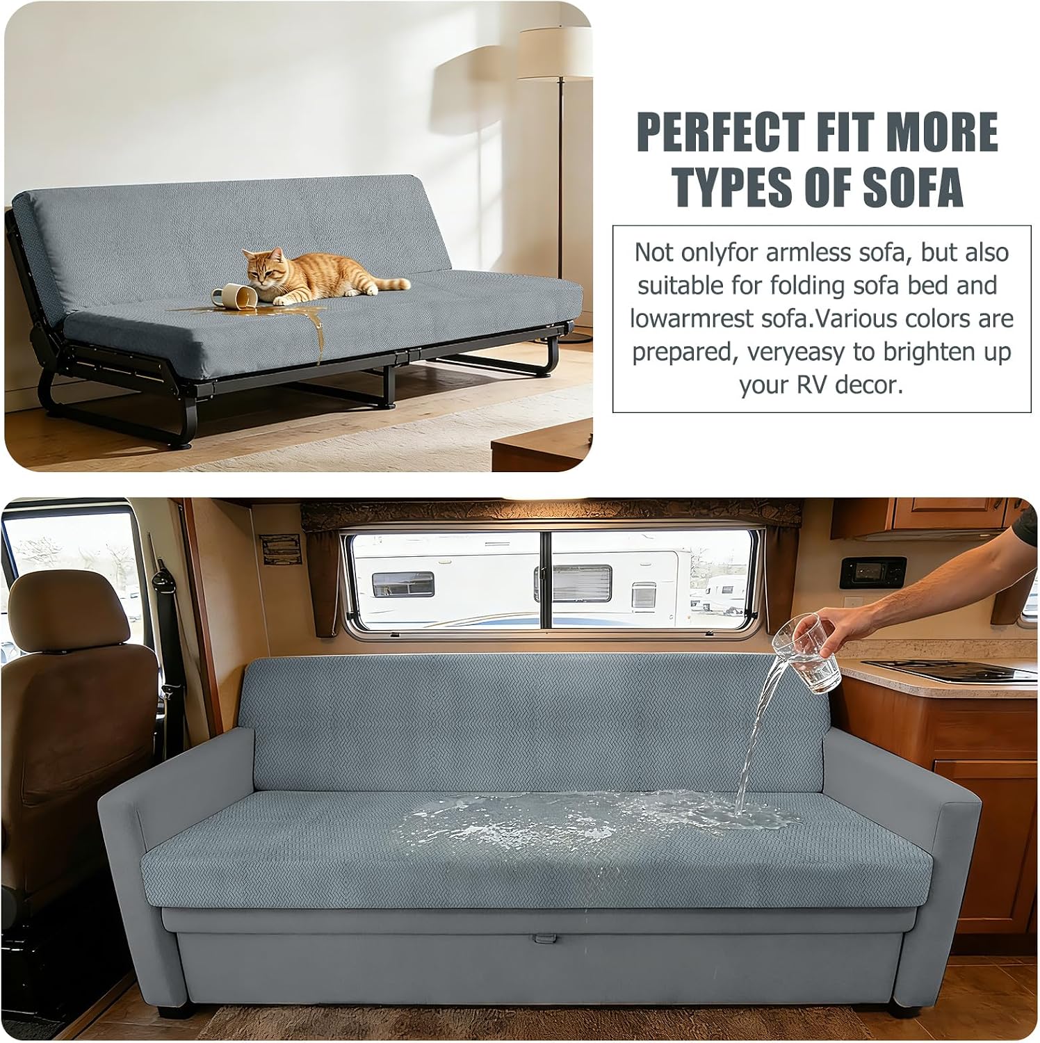 2 Piece Waterproof RV Couch Covers for Sofa Bed, Stretch Elastic Camper Slipcover for RV Jackknife Sofa Bed, Washable Anti-Slip Furniture Protector, Pet Friendly & Wrinkle Free (Dark Gray)