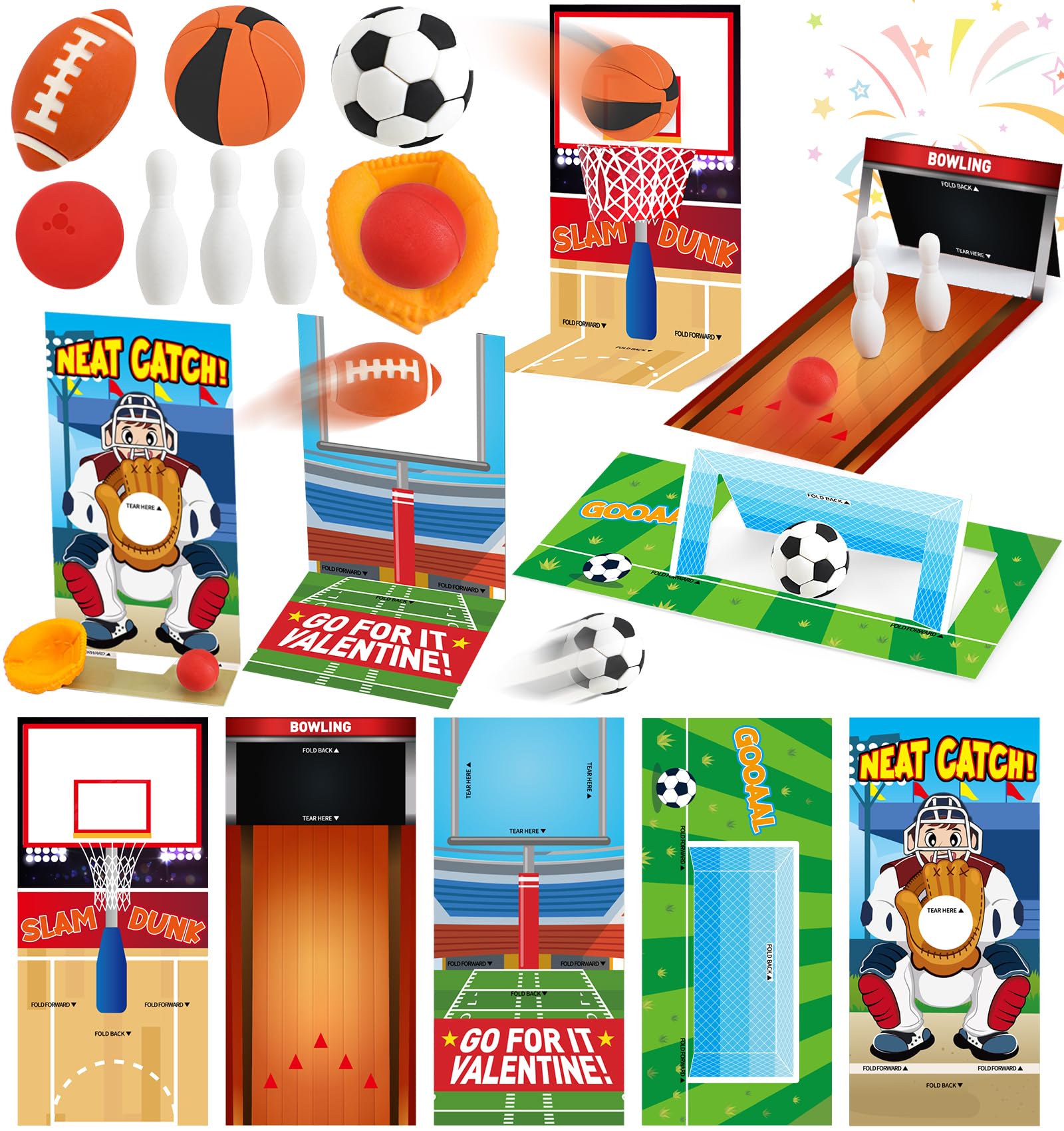 30 Pack Valentine Cards for Kids Classroom with Mini Sports Ball Erasers Bulk, Valentines Party Favors, Fun Valentine Classroom Gifts, Valentine Exchange for Boys Girls School Class Game Prize