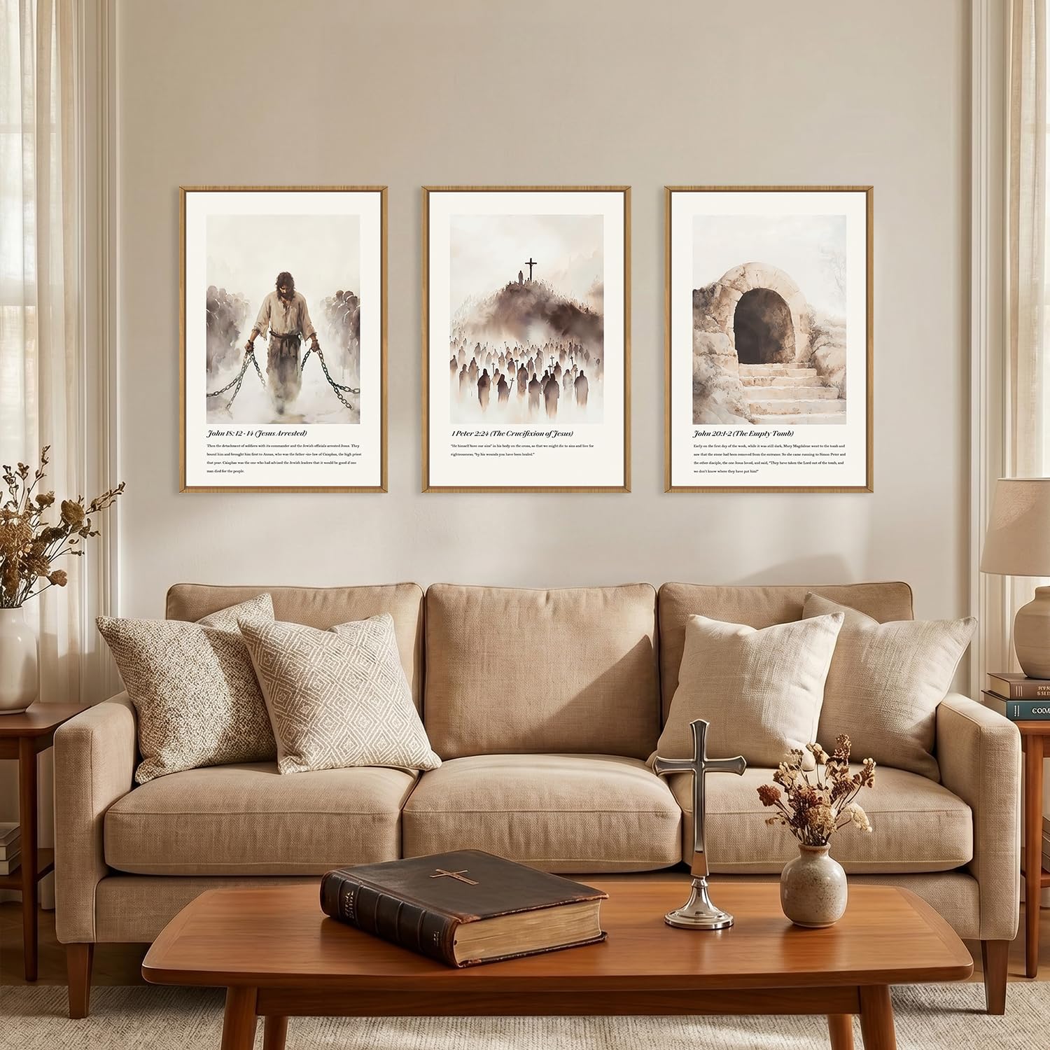 KAIRNE Jesus Christian Framed Canvas Wall Art Set,Neutral Bible Verses Wall Decor,Modern Religious Scripture Art Prints,Christ Cross Empty Tomb Artwork for Living Room,Bedroom,Church,Office-24 x36 x3