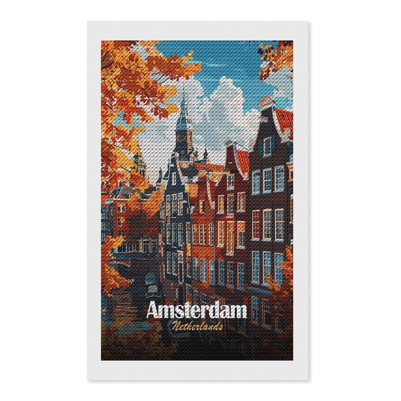 Junmoney Amsterdam Netherlands Autumn Cityscape Illustration Diamond Painting Canvas Set 12"x20", for Adults, Sparkling Round Gems, Thoughtful Handmade Gift, Modern Decor