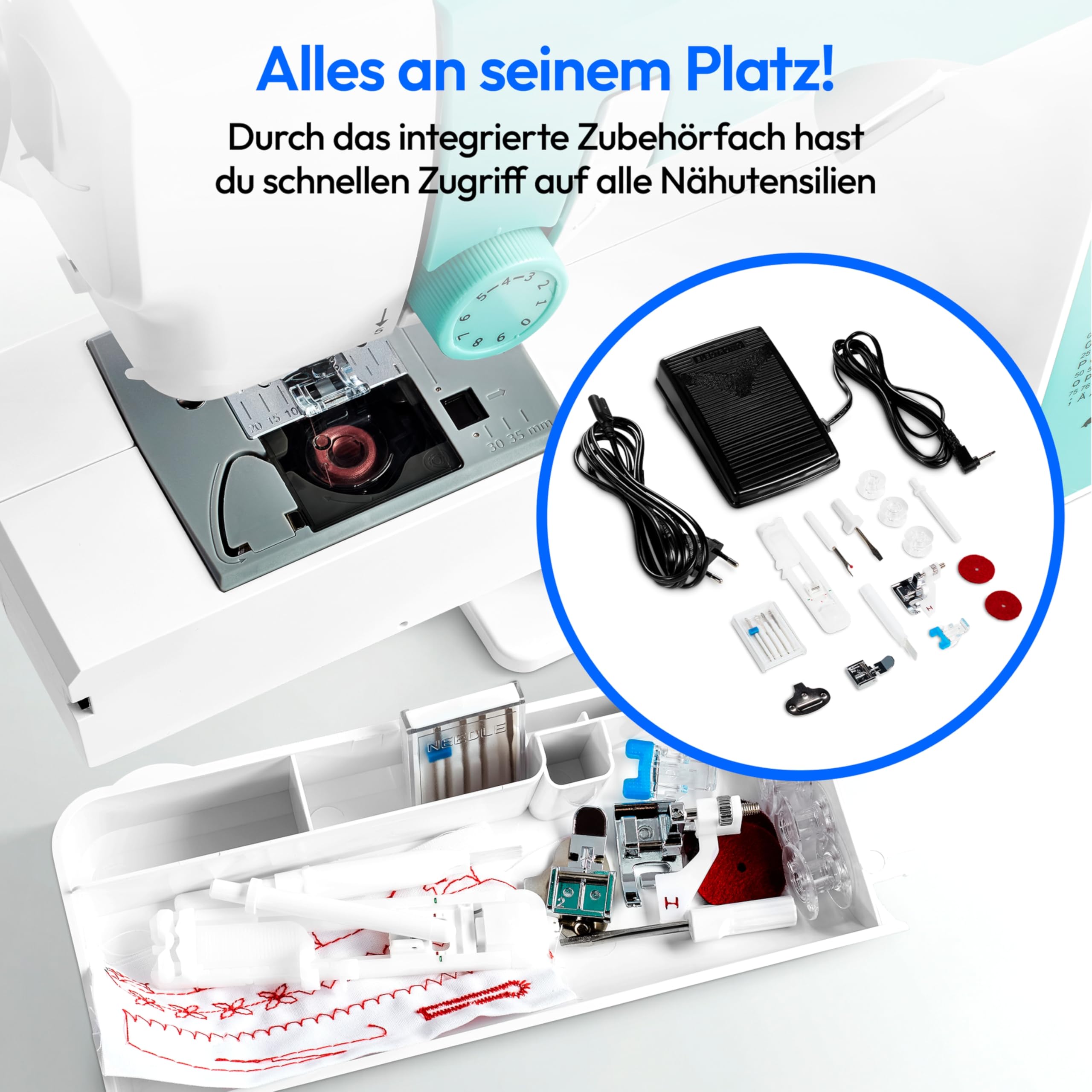 MEDION Digitale Nähmaschine SD36 (36 Watt, einstellbare Stichlänge und Stichbreite, 270 Stichmuster, LED Nählicht, automatischer Einfädler, Fußpedal, Rückwärtstaste, Fadenschneider, MD11881) türkis