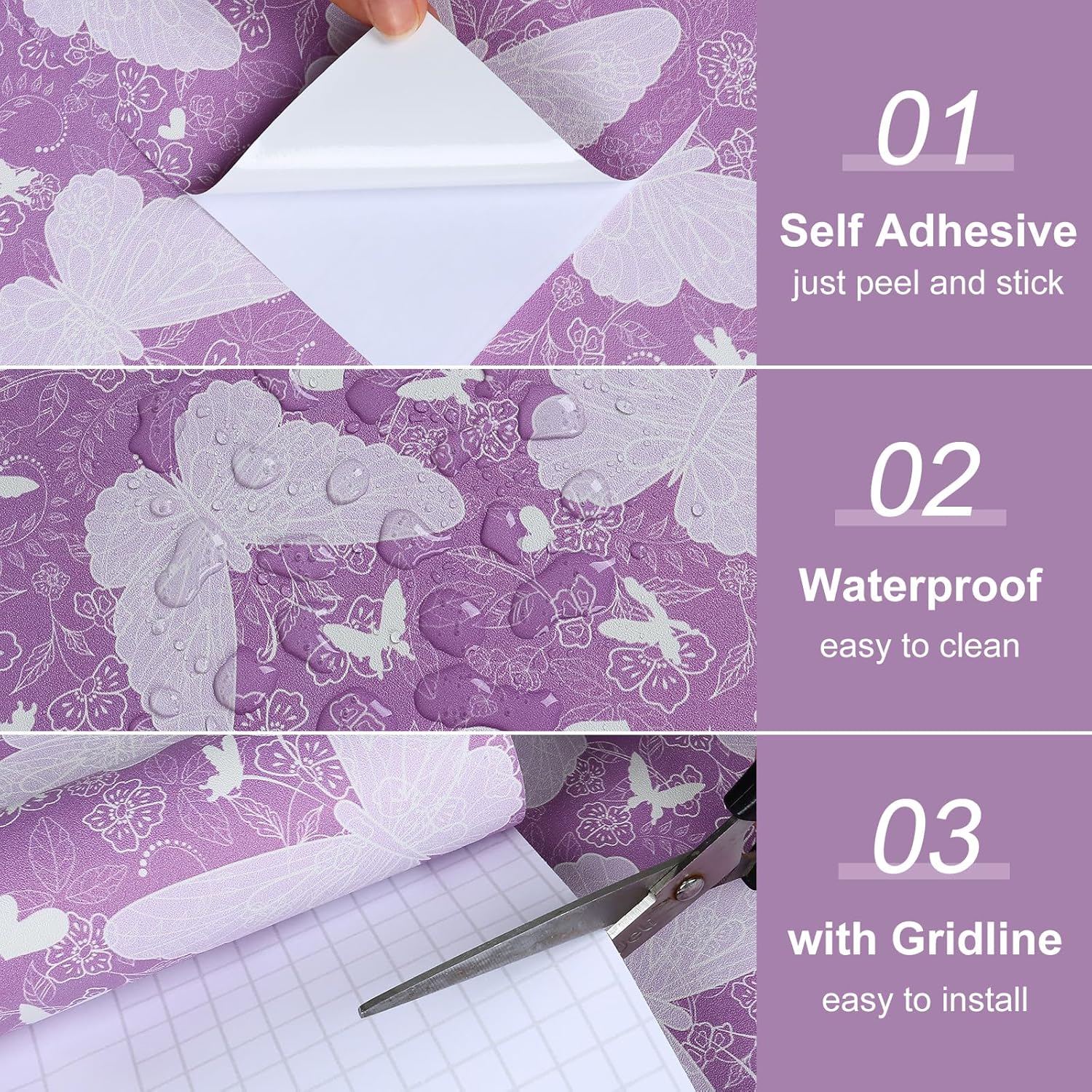 Purple Butterfly Floral Wallpaper Peel and Stick Romantic Elegant Violet Wallpaper for Bedroom Girls Room Decorative Butterfly Contact Paper for Cabinet 12"x118" Self Adhesive Wall Paper