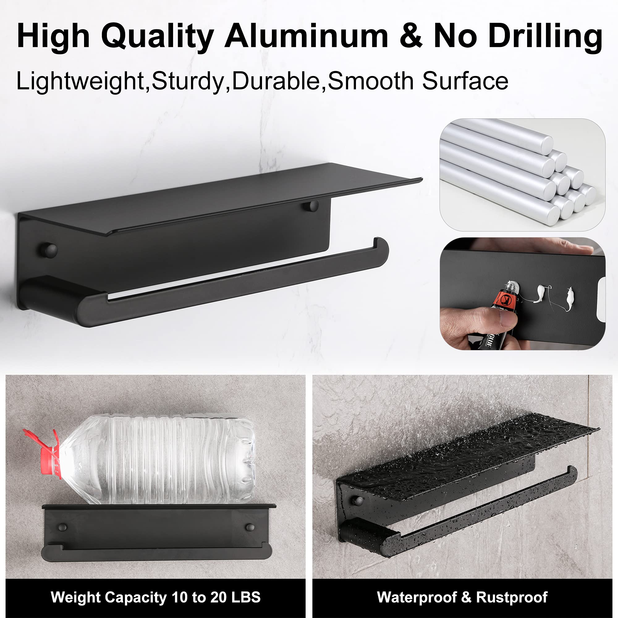 DUFU Uchwyt ścienny na ręczniki papierowe do kuchni, samoprzylepny uchwyt na ręczniki papierowe z półką do łazienki, nierdzewne aluminium, bez wiercenia lub montowany na ścianie ze śrubami (czarny matowy)
