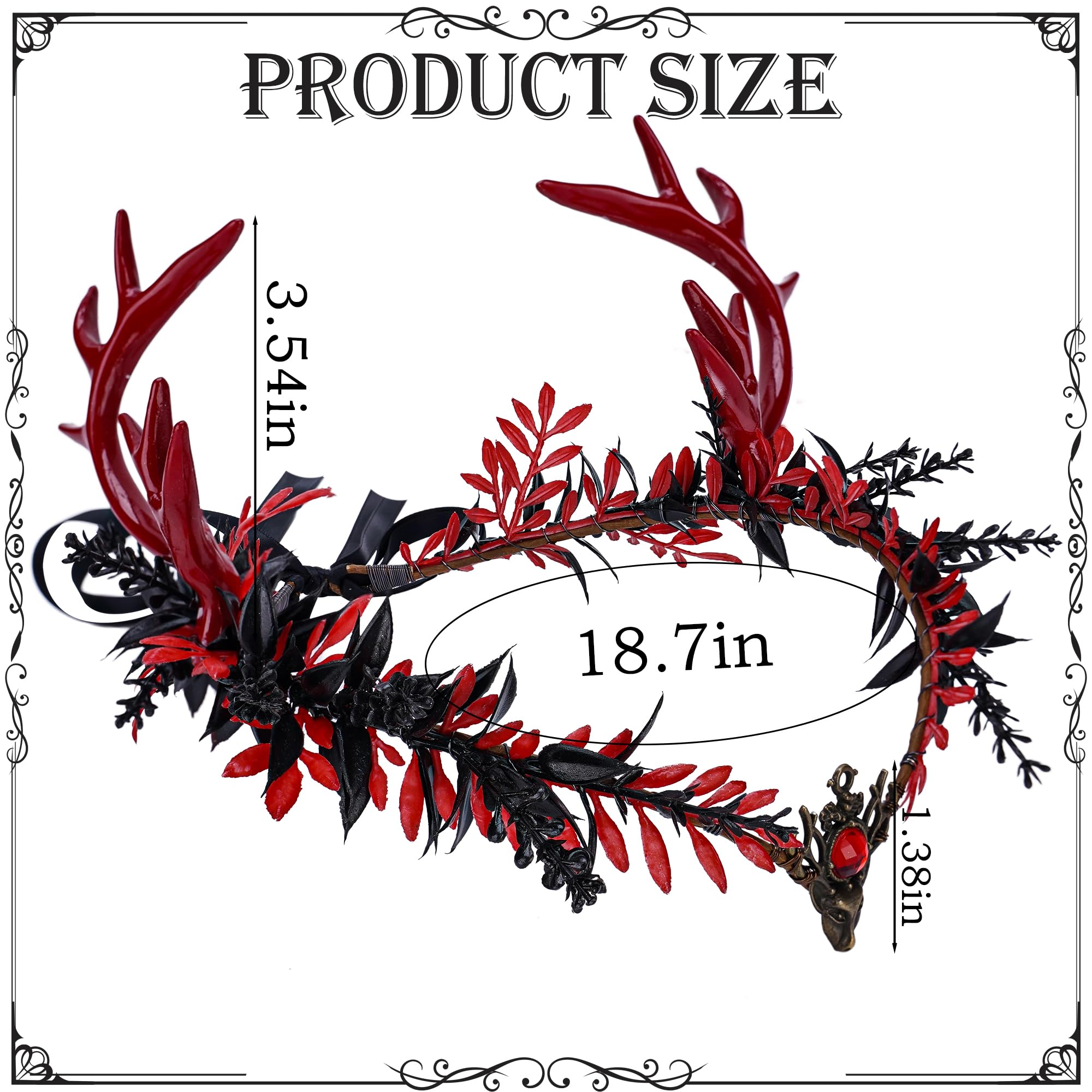 MOSTORY  Flower Antler Crown - Dark Reindeer Headpiece Gothic Elf Circlet Deer Horns Headband for Women Cosplay Renaissance Goth Wedding Renfaire Accessory: Red-black