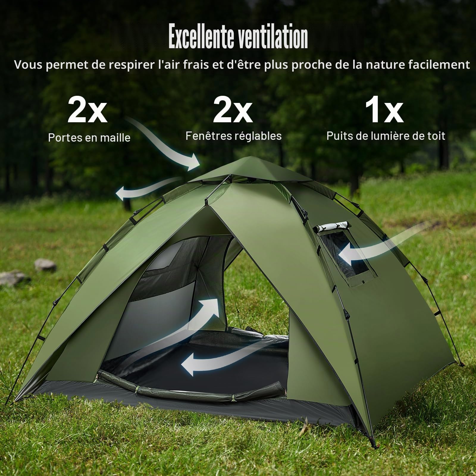 Tente de Camping Automatique 4 Personnes Pop up Famille Tente 230 * 230 * 150CM, Protection UV, 4 Saisons 2 en 1 Double Couches étanche pour Le Camping Randonnée