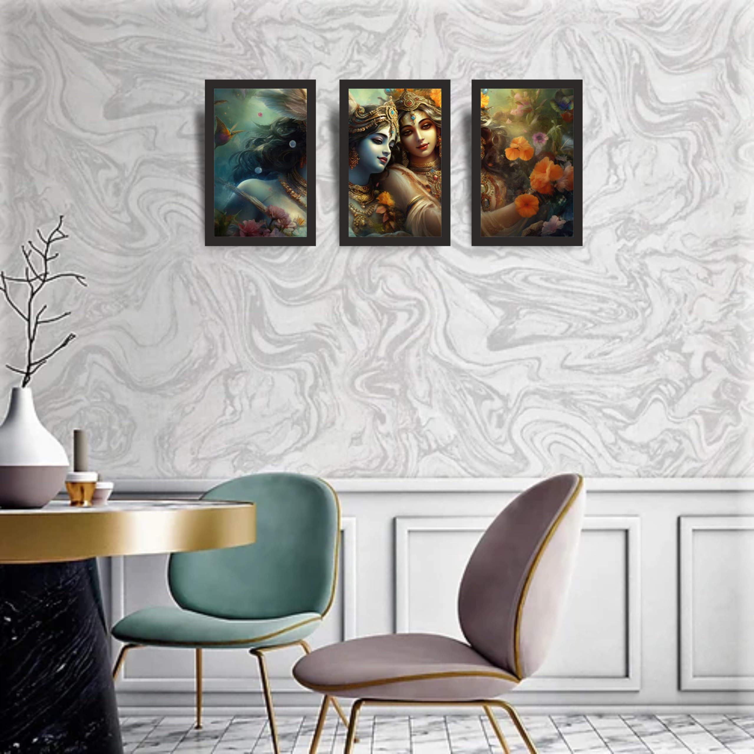 Radha Krishna Floral Serenity Digital Wall Art Set of 3