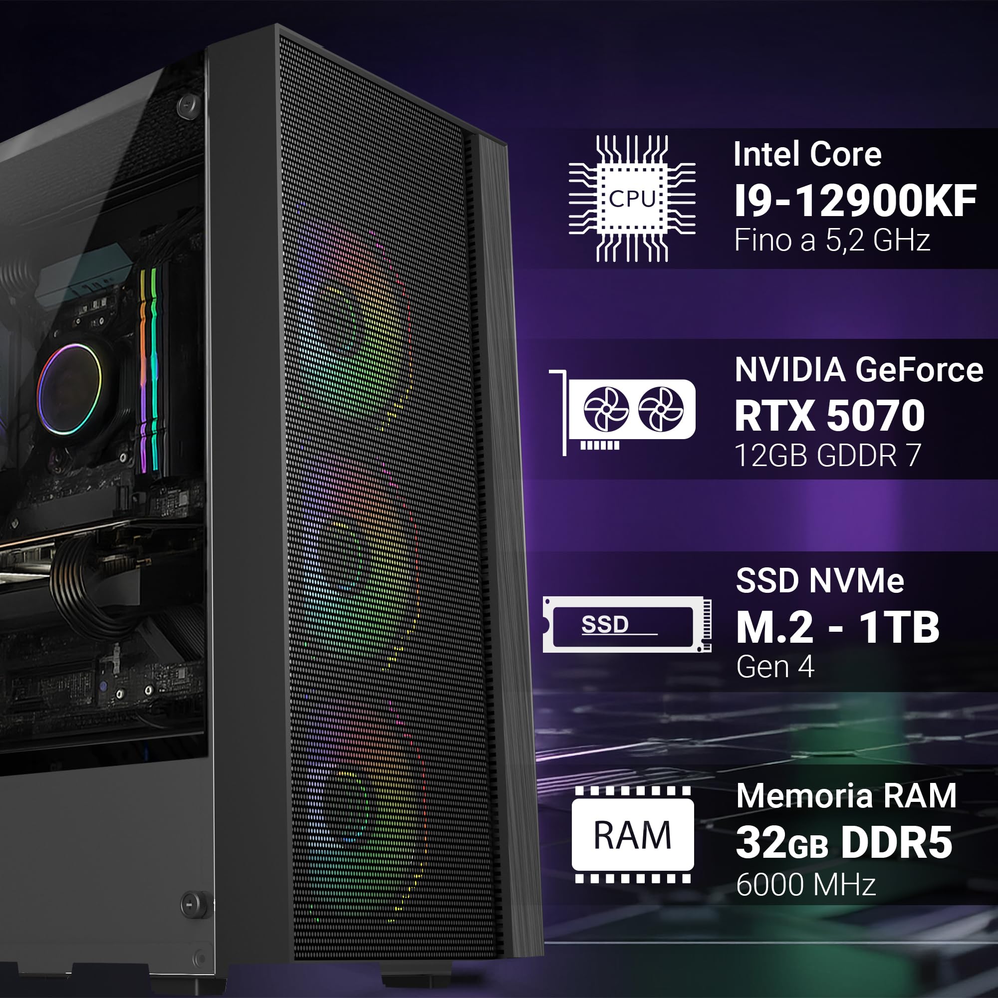 Desktop Gaming PC i9-12900KF RTX 5070 32GB RAM - Dettaglio