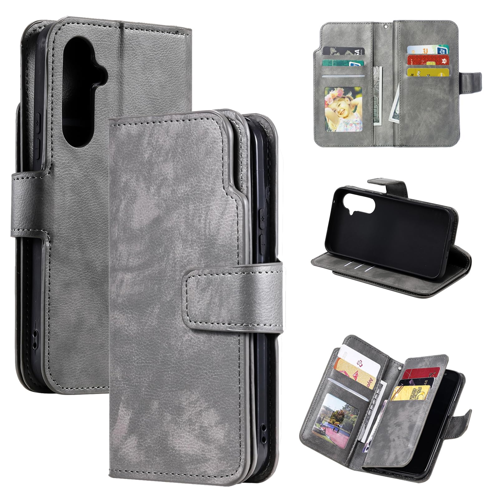 for Samsung Galaxy S24 FE Wallet Case, Leather Flip Cover with 9 Card Slots, Built-in Kickstand & Cash Pocket | Compatible with Samsung Galaxy S24 FE, Dark Gray