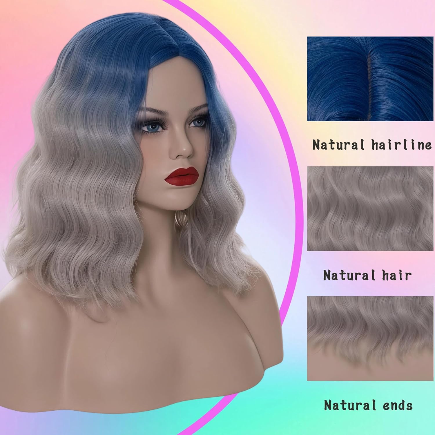 Cying Lin Short Bob Wavy Curly Wig Blue Ombre Grey For Women Cosplay Halloween Wigs Heat Resistant Bob Party Wig Include Wig Cap (Blue Ombre Grey)