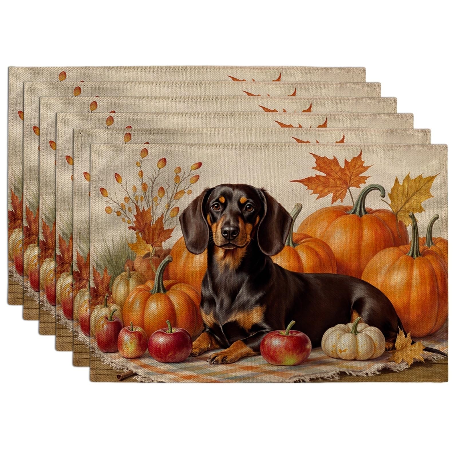Fall Pumpkin and Dog Placemats, Rustic Autumn Decorative Place Mats for Dining Table, Thanksgiving Non-Slip Washable Indoor Outdoor Kitchen Party Placemat Set of 6