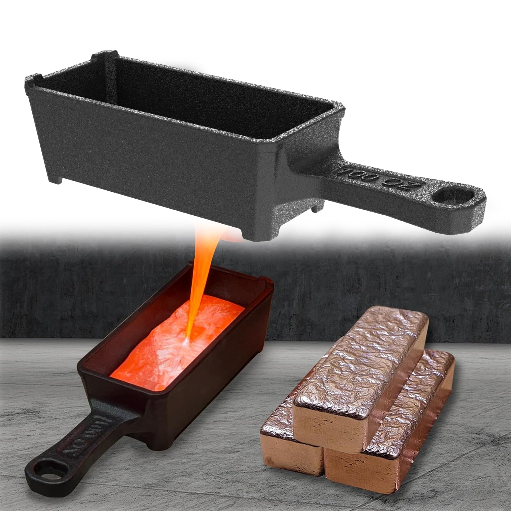 100 oz Gusseisen Barrenform mit Griff – Gussform für Schmelzen und Gießen von Edelmetallen wie Gold, Silber, Kupfer, Aluminium, Messing