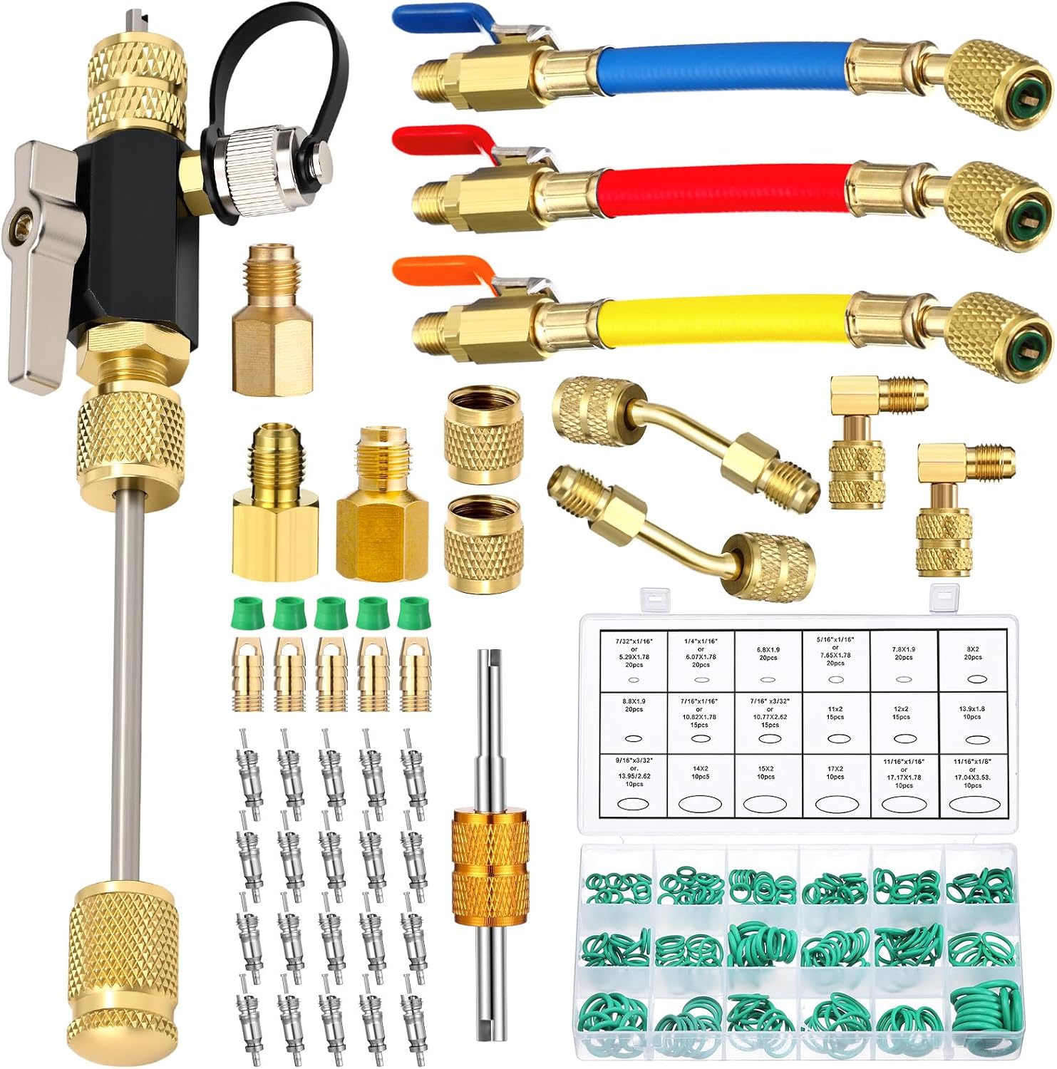 Tujoe R410A Valve Core Remover Tool Kit HVAC AC Refrigerant Angled Compact Ball Valve with Hose, R410A/R32 Brass Adapter, Brass Nut, Thimble, Compatible with SAE 1/4 & 5/16 Ports