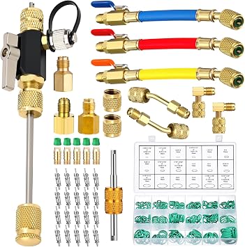Tujoe R410A Valve Core Remover Tool Kit HVAC AC Refrigerant Angled Compact Ball Valve with Hose, R410A/R32 Brass Adapter, Brass Nut, Thimble, Compatible with SAE 1/4 & 5/16 Ports