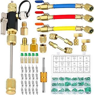 Tujoe R410A Valve Core Remover Tool Kit HVAC AC Refrigerant Angled Compact Ball Valve with Hose, R410A/R32 Brass Adapter, Brass Nut, Thimble, Compatible with SAE 1/4 & 5/16 Ports