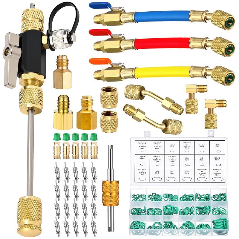 Kit de Ferramentas para Remoção de Núcleo de Válvula HVAC Tujoe R410A com Válvula Angular, Adaptadores R410A/R32 e Mangueira, 313 peças
