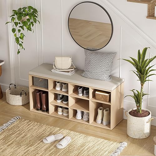 Miniatura 202 de DINZI LVJ Banco organizador de zapatos con cojín, zapatero de 9 cubos y estantes ajustables, multifuncional, para salas de estar, dormitorio, Gris