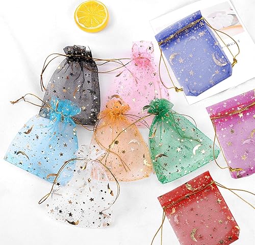 Vista 34 de SUMAJU 100 bolsas de organza de estrella lunar, 2.7 x 3.5 pulgadas, bolsa de organza púrpura transparente, pequeñas bolsas de regalo con cordón