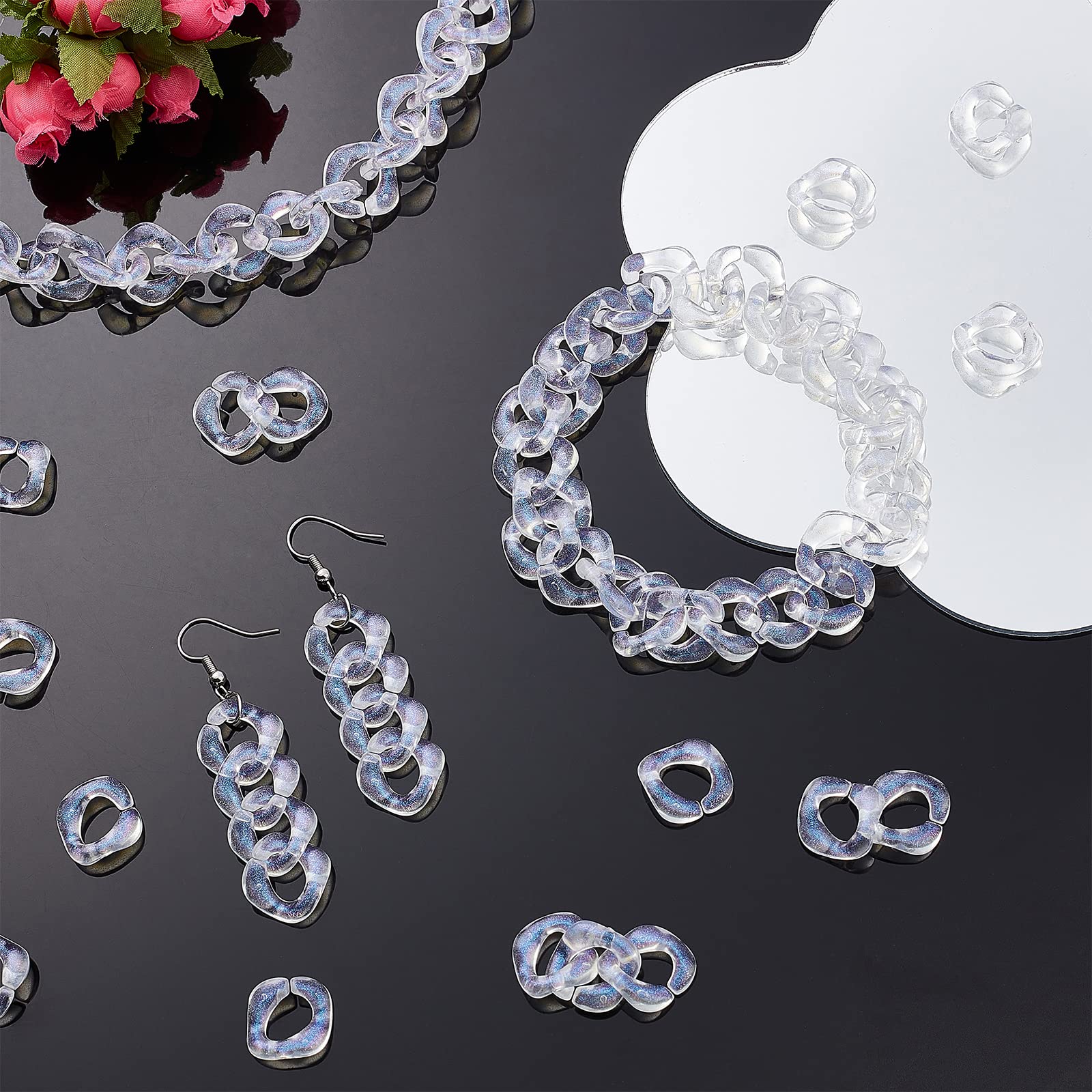 SUPERFINDINGS About 300pcs Transparent Acrylic Linking Rings 17x16mm Quick Link Connectors with Glitter Powder Twisted Square Link for Earring Necklace Jewellery DIY Craft Making