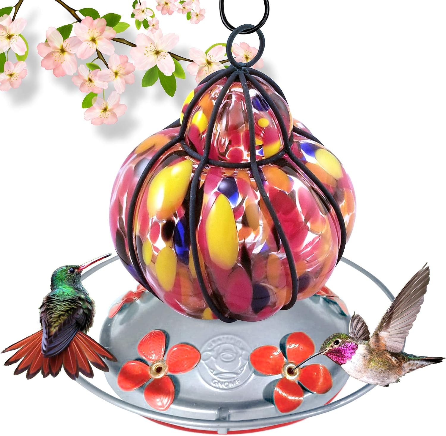 Grateful Gnome - Hummingbird Feeder - Hand Blown Glass - Caged Flower - 16 Fluid Ounces Additional Accessories Include S-Hook, Ant Moat, Brush and Hemp Rope Included