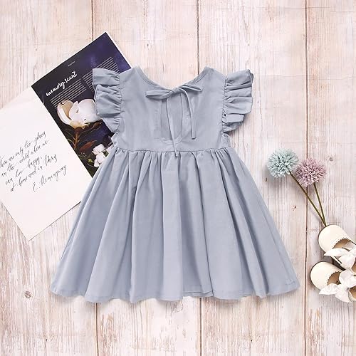 Miniatura 3 de Vestido de verano para niña pequeña, de algodón, lino, con volantes, halter, sin mangas, casual, para playa, fiesta, 2-7 años, Azul grisáceo, 3-4,
