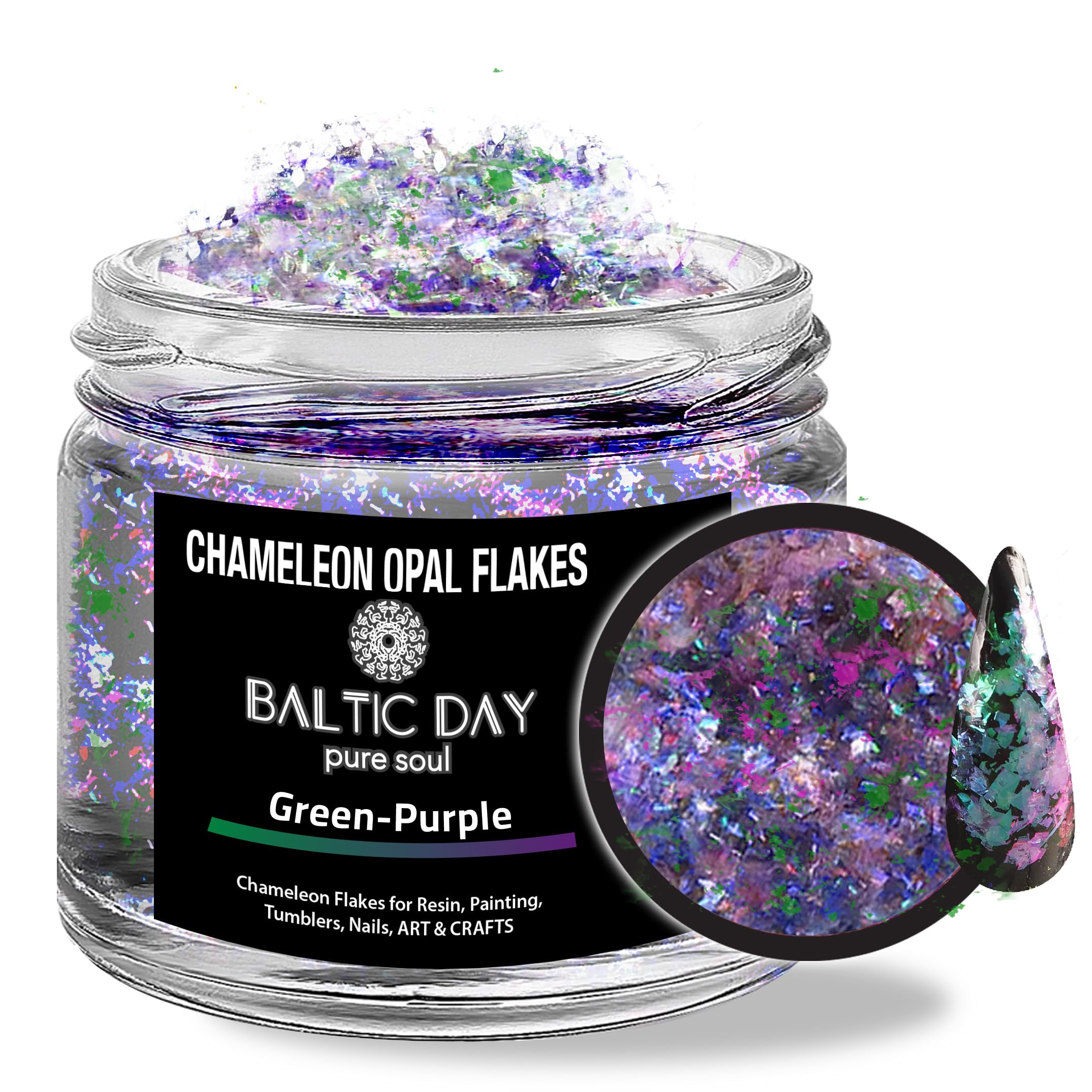 BALTIC DAY Chameleon Opal [ Green/Purple ] Flakes - Color Shift Mica Pigment Powder for Epoxy Resin - Chrome Flakes for Tumblers, Molds, Nail Art, Eyeshadow, Makeup