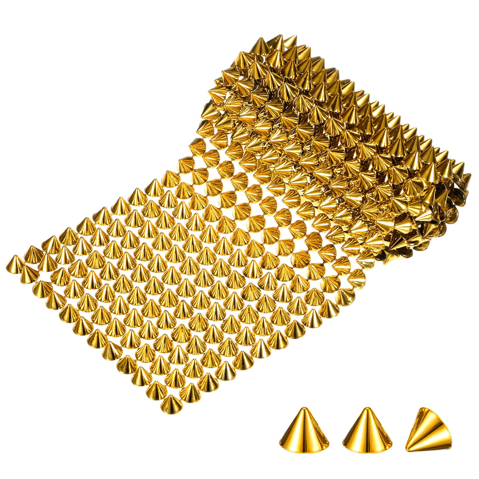 M METERXITY 0.5 Yard Sew Stitch on Spikes Stud Cone 12Rows Plastic Gold Spike Rivet with Flat Back Punk Rock Trim Mesh Bead for DIY Crafts/Clothes/Shoes/Bags