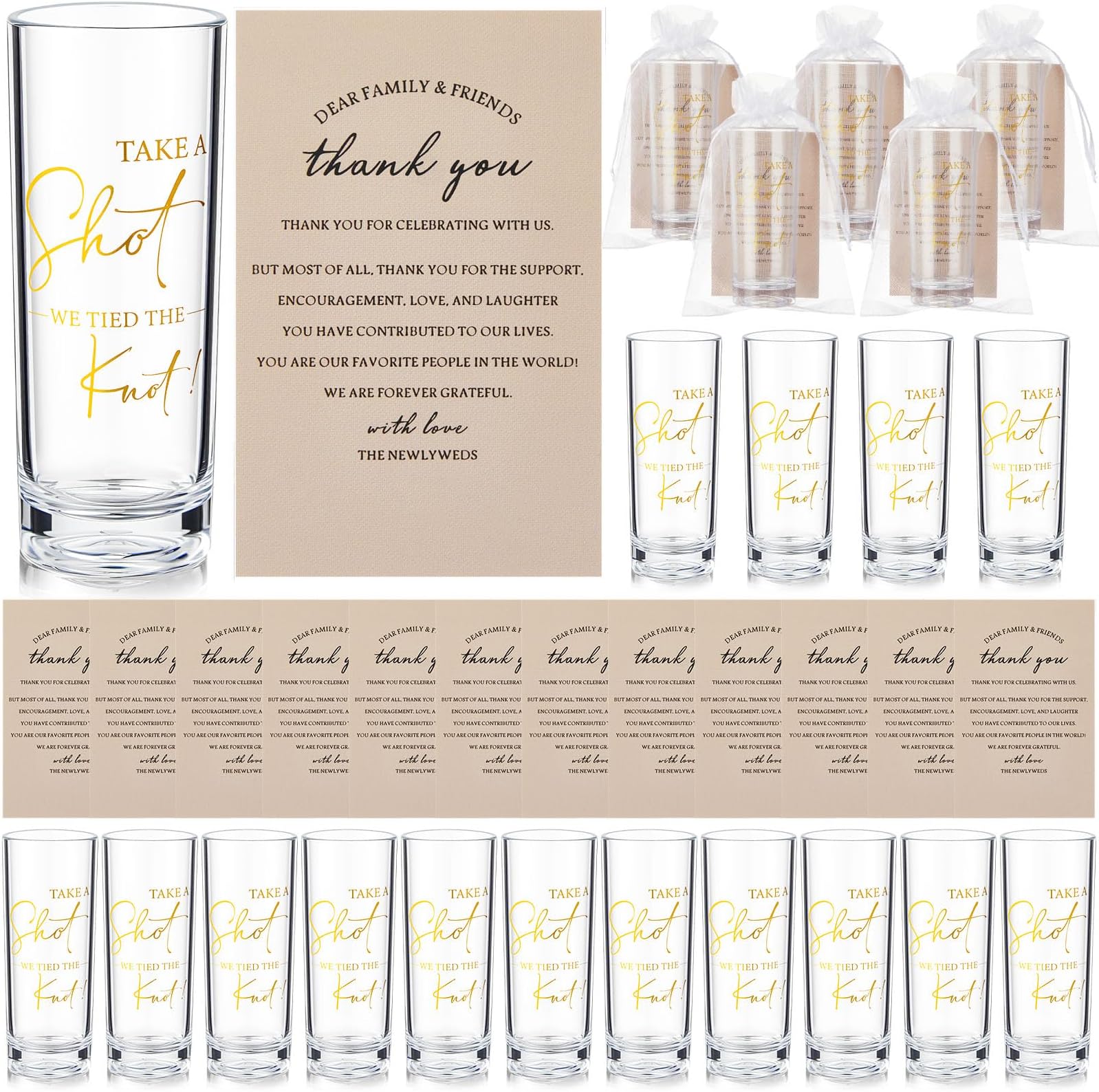 Sliner 50 Set Wedding Favors for Guests Bulk, 2 oz Acrylic Shot Glasses Set Take a Shot We Tied the Knot with Thank You Cards Organza Bags for Souvenirs Gifts Bridal Shower Party(Champagne)