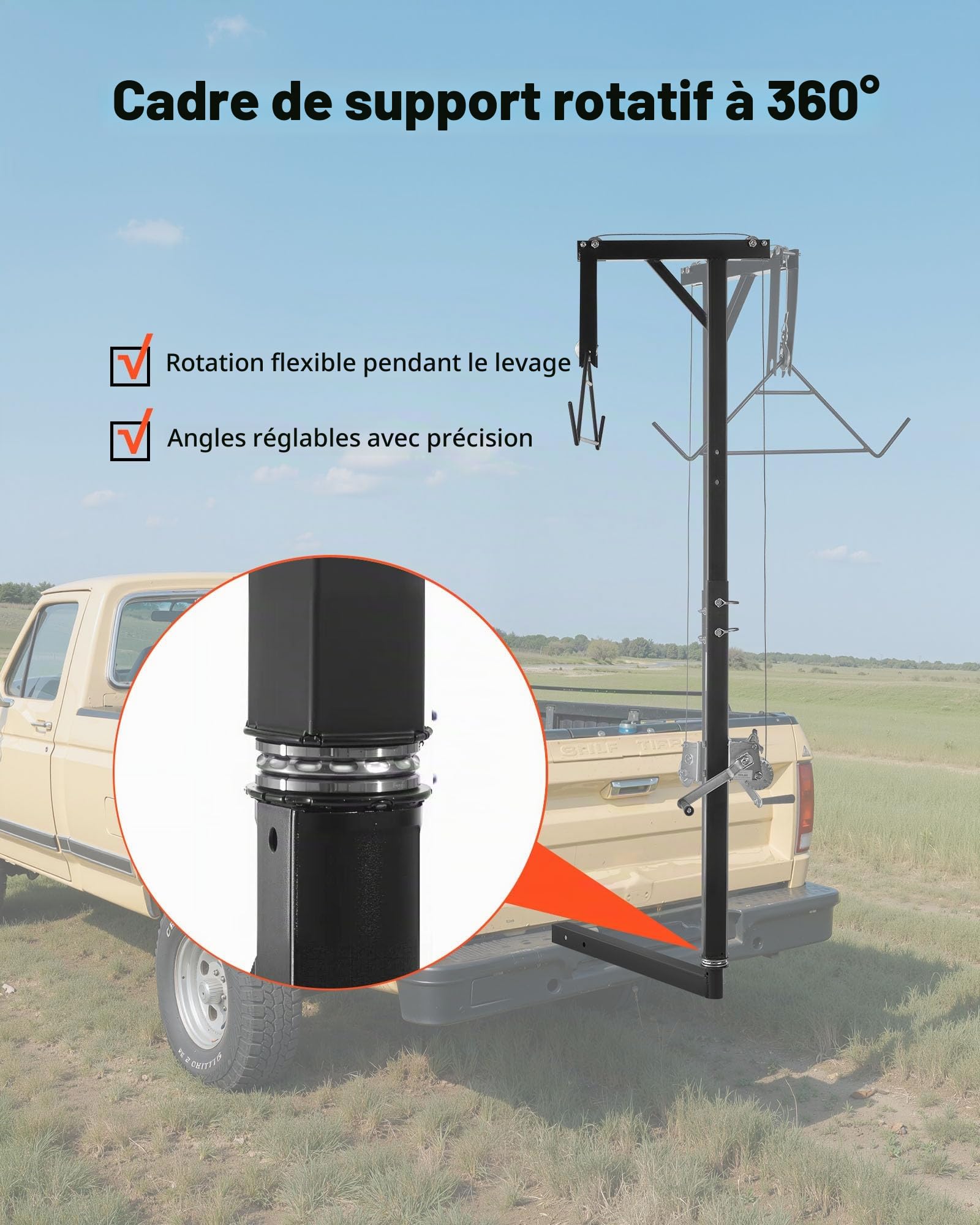 VEVOR Palan à Cerfs d'Attelage de Camion, Capacité de Charge, avec Treuil à Manivelle, Récepteur, Arbre Pivotant 360°, Réglable en Hauteur, pour Chasse en Plein Air, Transport à la Ferme