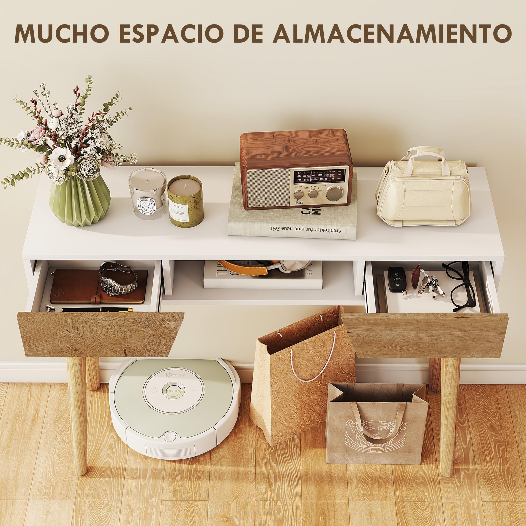 HOMCOM Table de console étroite console d'entrée Meuble de rangement Table de canapé moderne avec 2 tiroirs Compartiment et pieds en bois pour couloir, entrée, salon, chambre Blanc