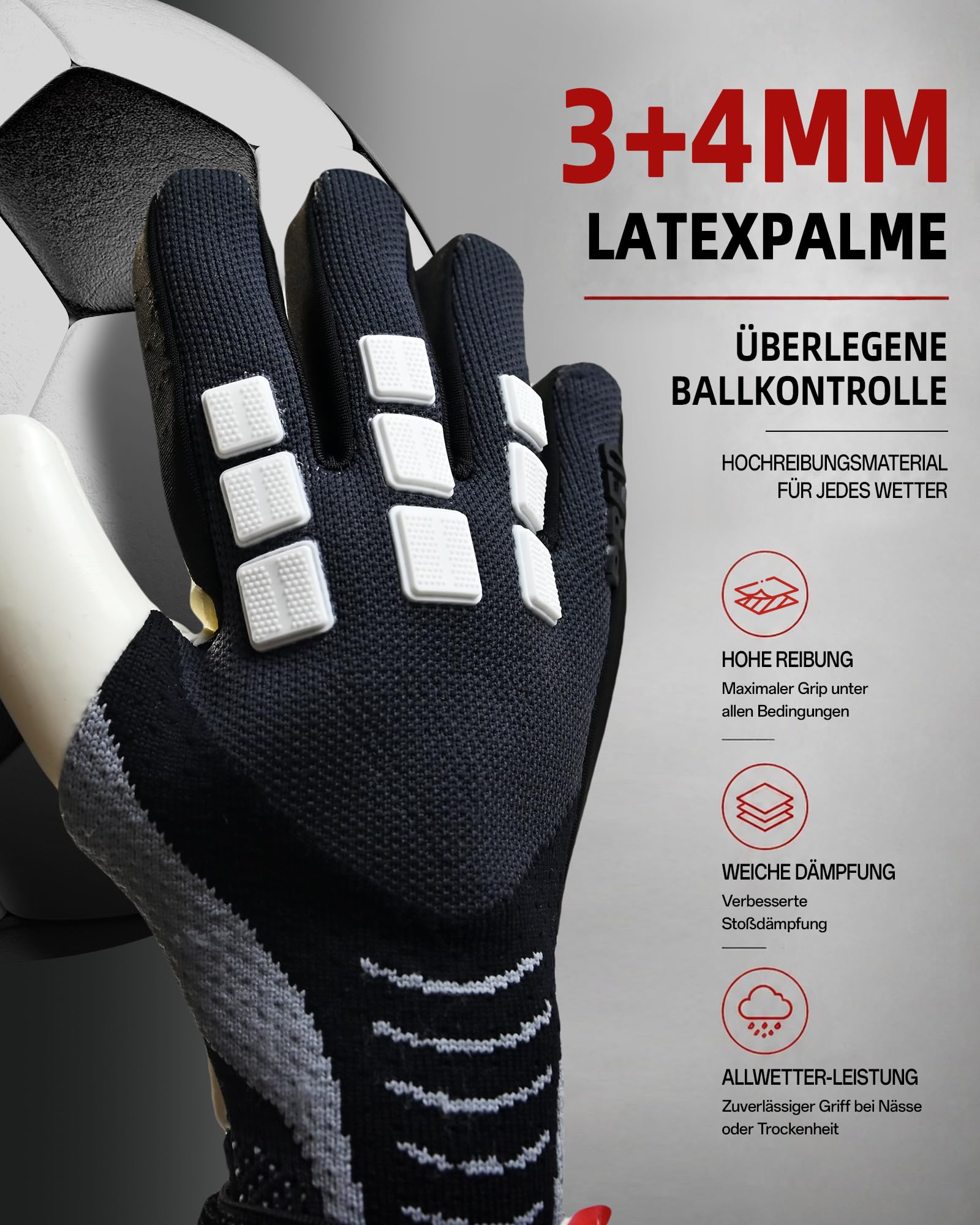 Gants de gardien de but de football pour enfants, adolescents et adultes avec paume en latex, forte adhérence, respirants, pour l'entraînement et le jeu, taille 6-9