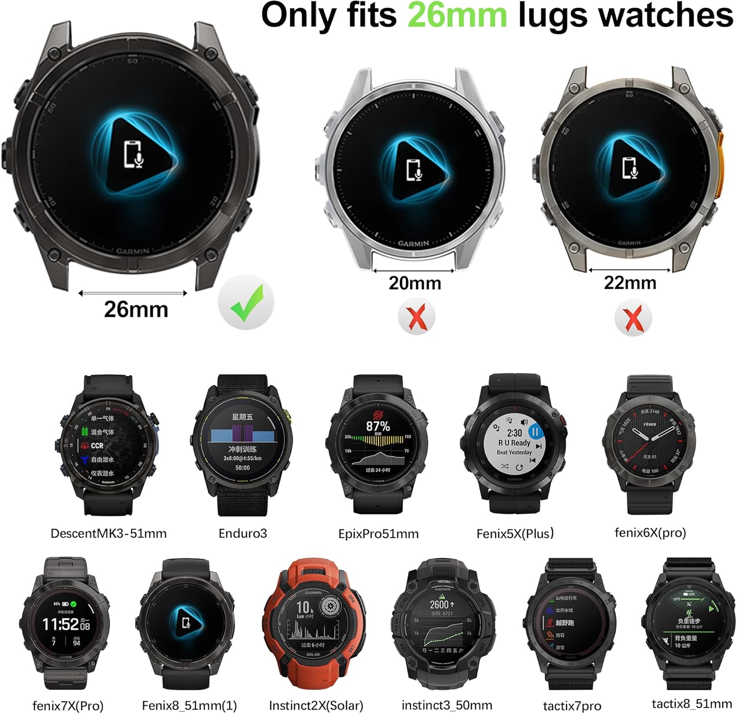 伸縮性ナイロン 26mm 腕時計バンド Garmin Fenix 8 51mm/Epix Pro 51mmに対応 ソフト調節可能スポ