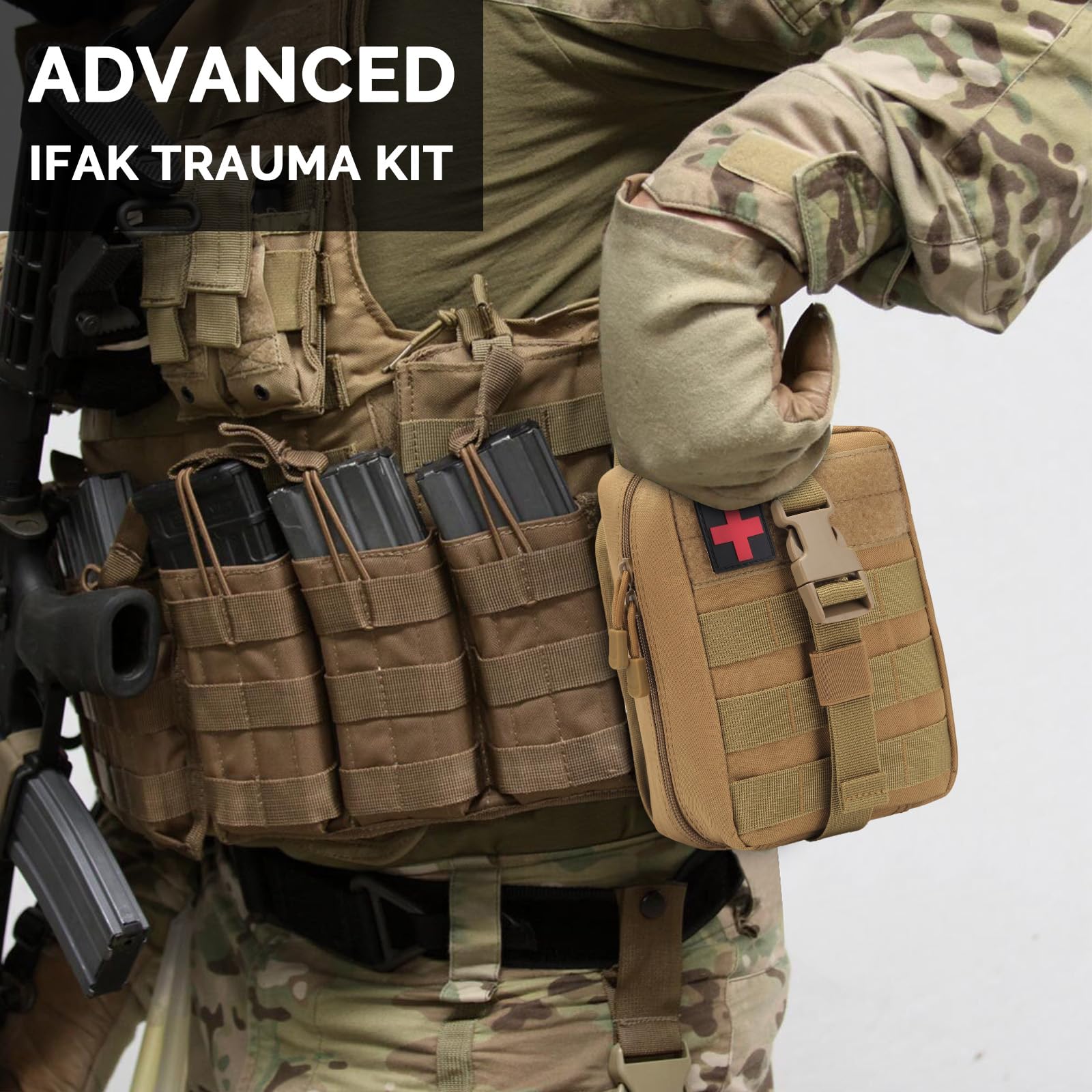 IFAK - Kit de primeros auxilios para trauma, bolsas Molle, kit de supervivencia de emergencia para coche táctico militar, viajes, senderismo, camping, con sello de pecho ventilado, vendaje israelí