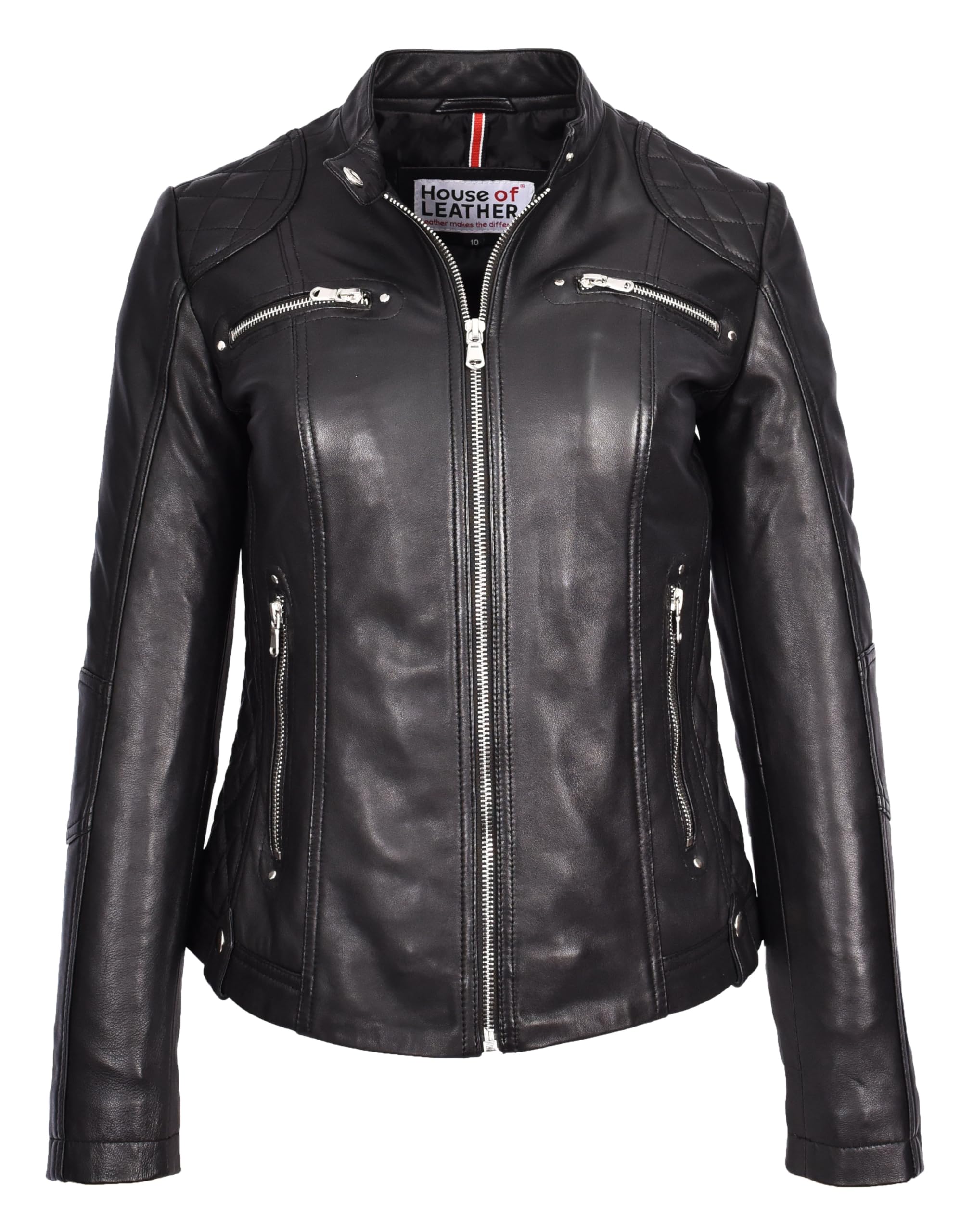 Womens soft Leather Biker Jackets Fitted Quilted Casual Cafe Racer Style Zip Fasten Fiona (UK, Numeric, 16, Regular, Regular, Black)