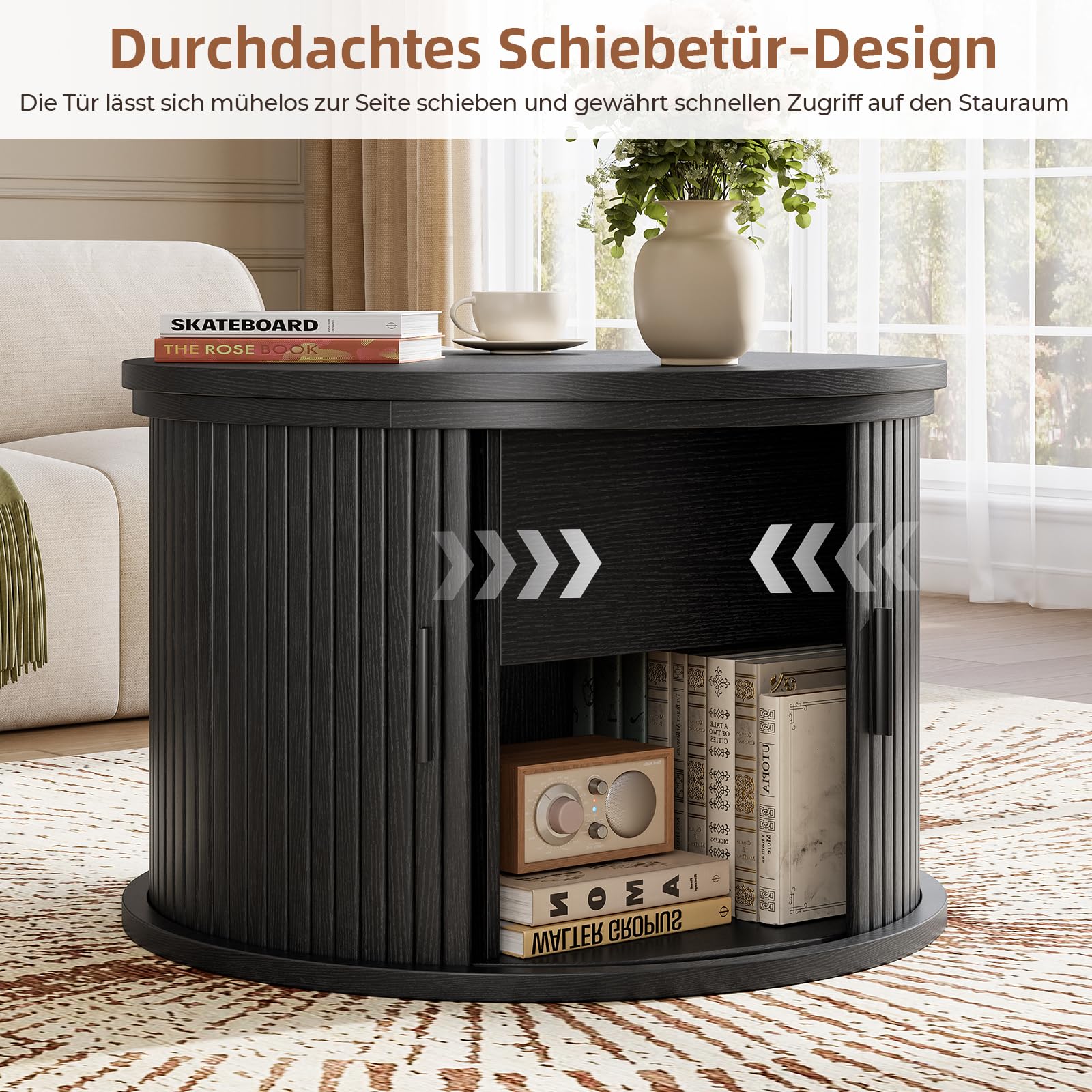 60cm Rund Couchtisch, Höhenverstellbar Wohnzimmertisch mit Verstecktem Stauraum & Hebeplatte, Moderne Hölzerne Akzent Mitte Tisch, Kaffeetisch, Sofa Beistelltisch für Wohnzimmer, Schwarz