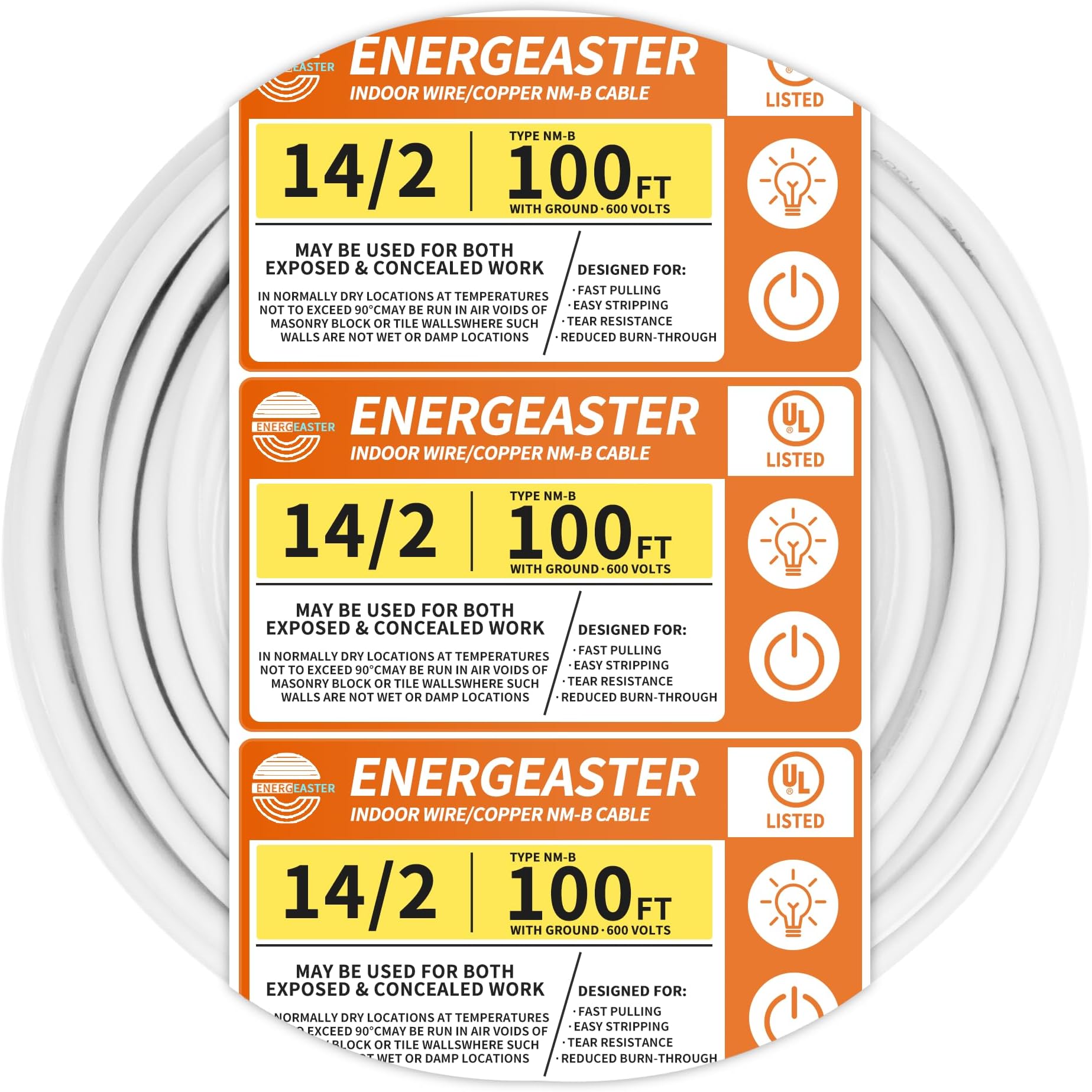 Energeaster Solid Indoor 14/2 W/G NMB Cable 100ft Coil，Electrical Wire 14 Gauge Wire 2 Conductors Non-Metallic with Ground Wire(White)