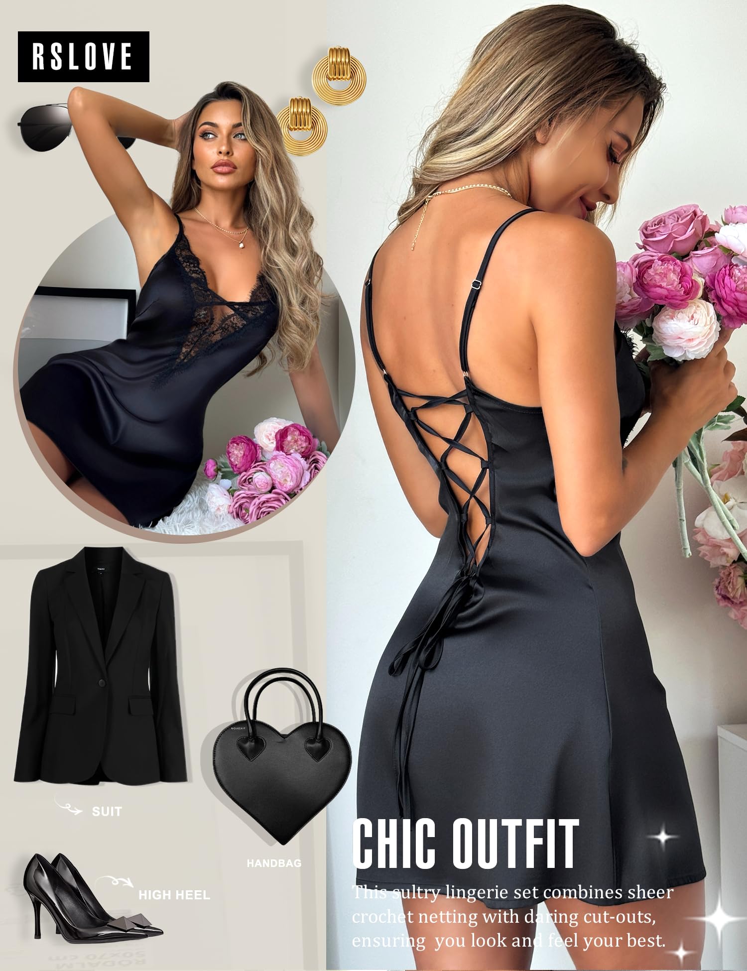 RSLOVE Women's Lingerie Sexy Nightgown - Satin Lace Babydoll Deep V Chemise Full Slips Nightie Sleepwear: XX-Large Black