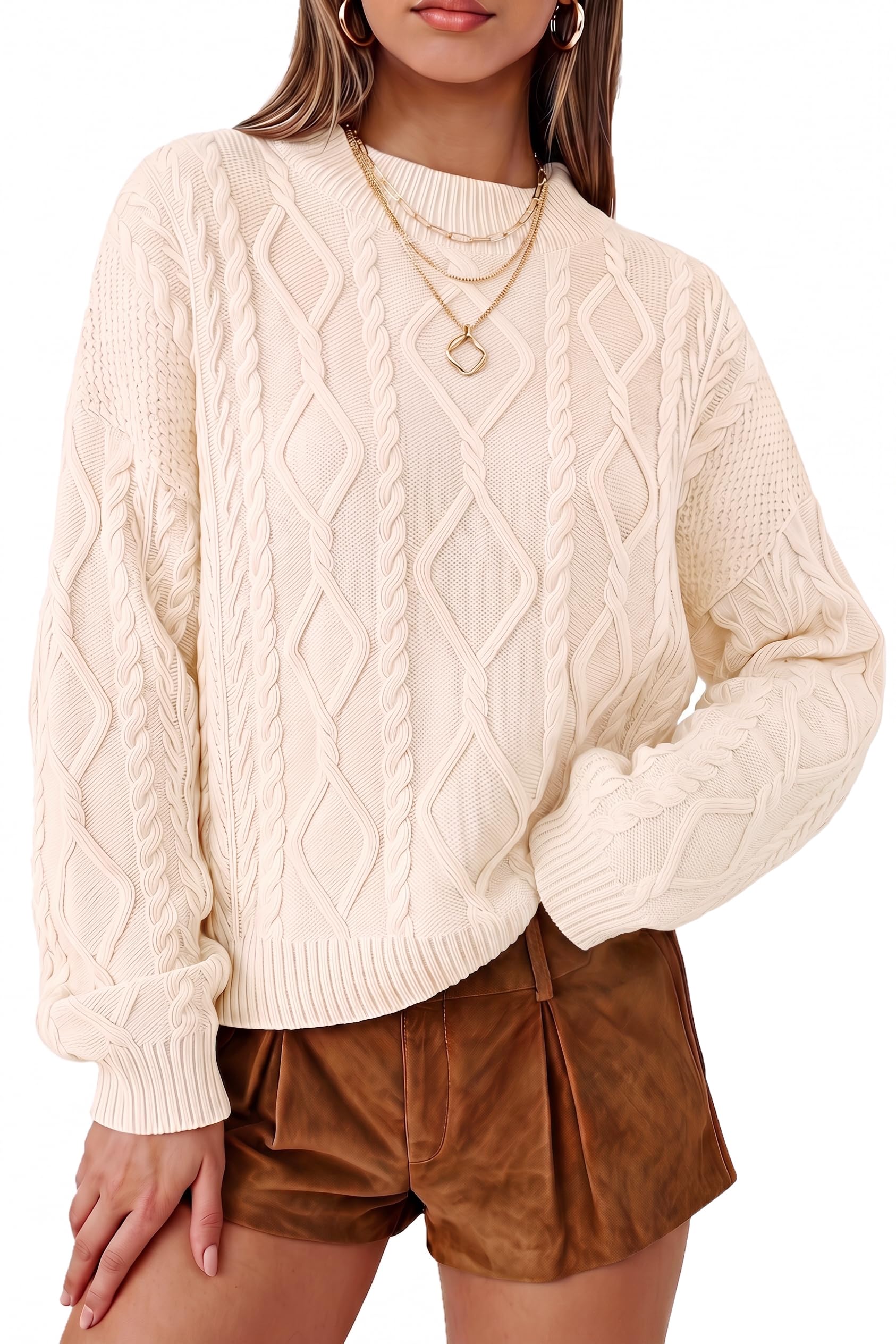 Arach&Cloz Pullover Damen 100% Baumwolle Kable Strickpullover Langarm Herbst Winter Rundhals Pulli Sweatshirt