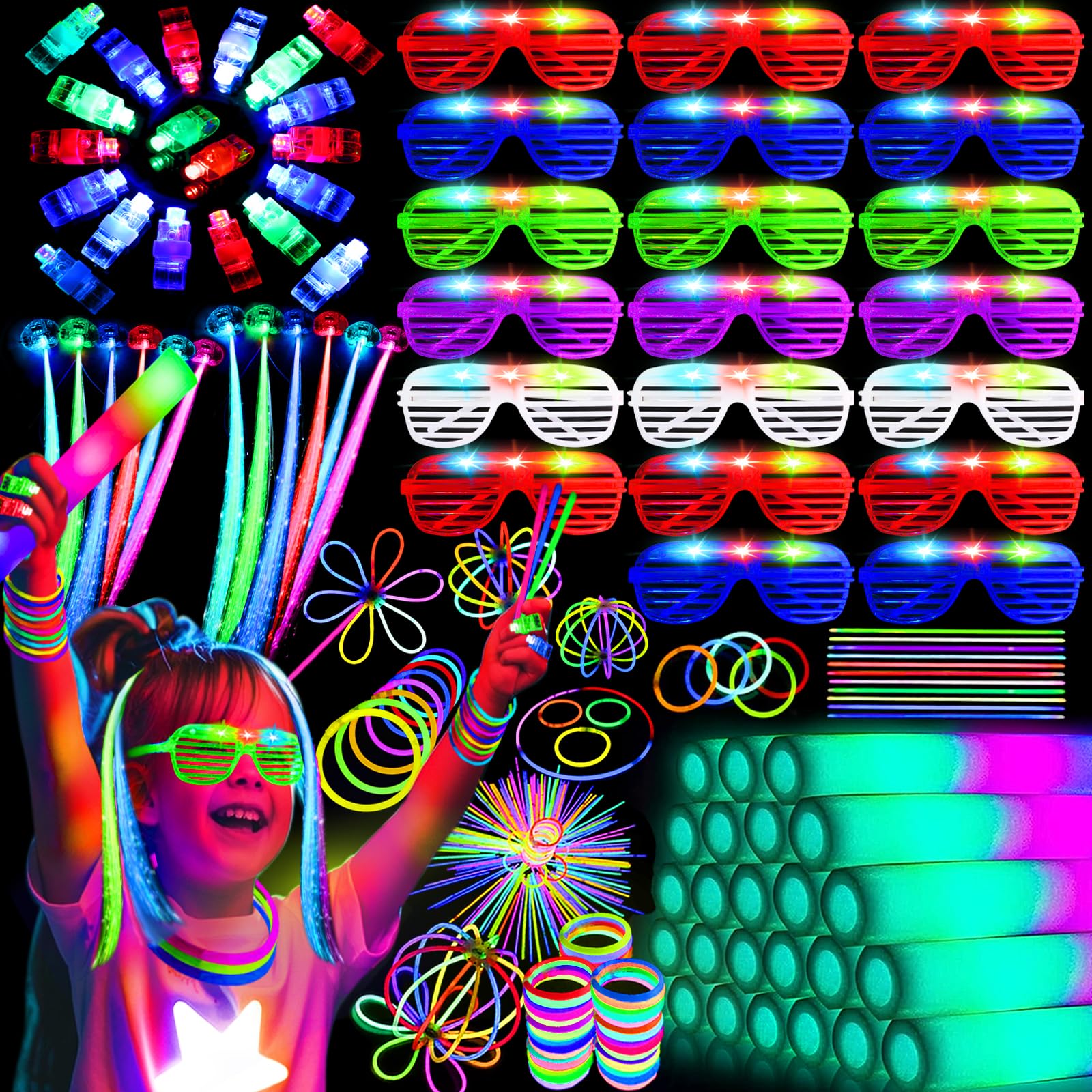HHJ280 PCS Glow in the Dark Party Supplies,20Foam Glow Sticks, 20Led Glasses,200 Glow Sticks,20 Finger Lights and 20 Hair Clips Fiber Optic for Glow Party, New Year, Wedding, Birthday ,Raves,Concert