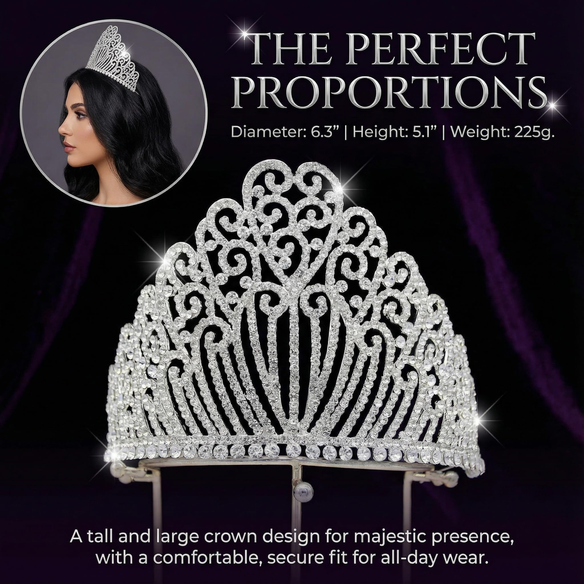 QXMYOO Diadema da donna extra large con cristalli austriaci trasparenti, tiara argentata, corona di regina, grande corona con strass per compleanno