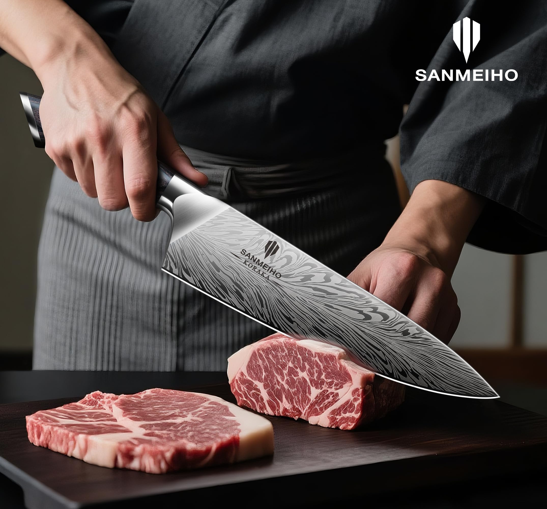SANMEIHO Juego Cuchillos de Cocina 5 Piezas, Acero en Polvo Japones 63HRC | Set de Cuchillos de Cocina Profesional Ultra Afilados de 12 Grados, Mango de Madera Ergonomico para Carne y Verdura